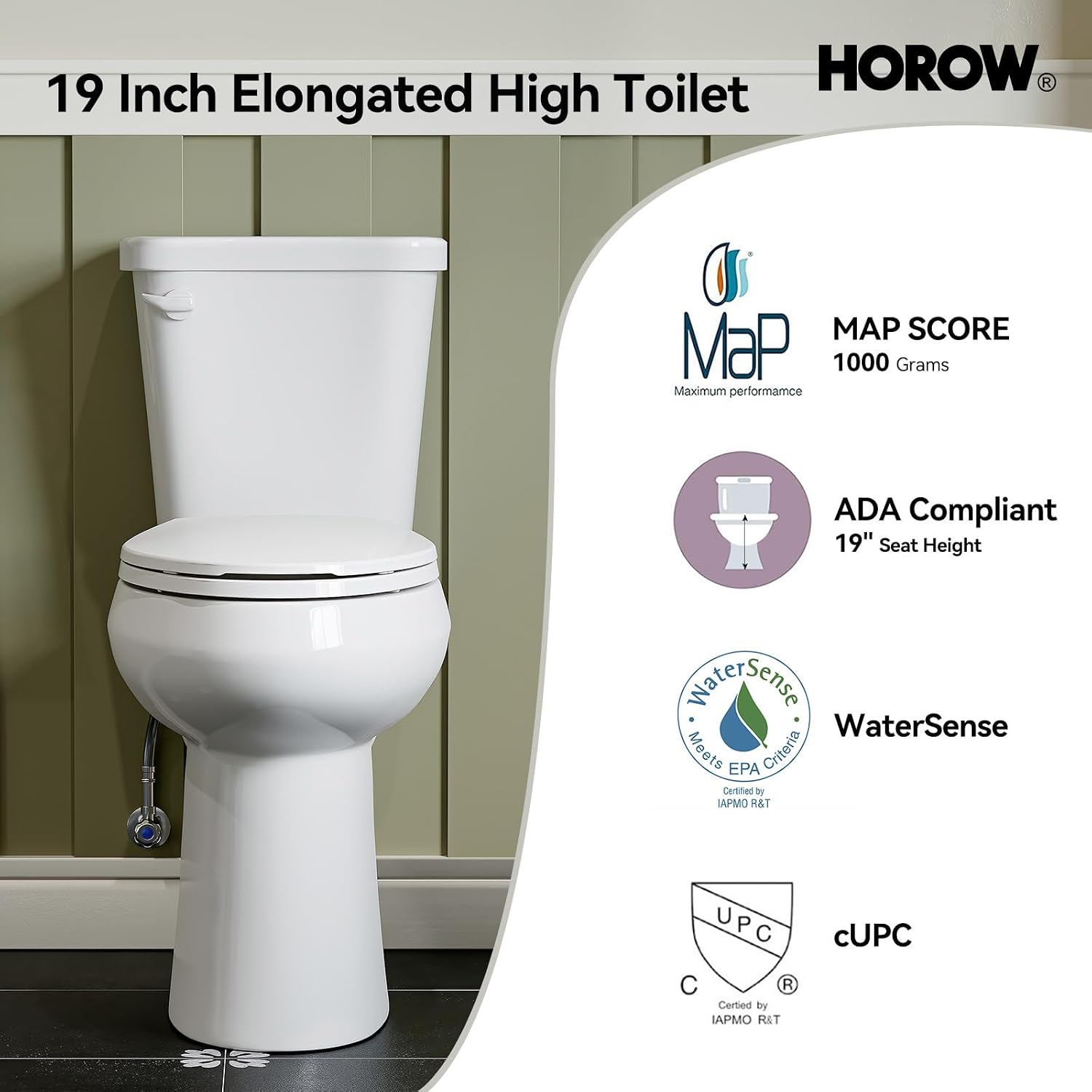 HOROW 19 Inch Tall Toilets, Extra High Toilets with Comfort Chair Height Seat, MAP 1000g, 1.28 GPF Single Flush Two-Piece Toilet, Elongated Bowl for Seniors, Pregnant, Disabled & Tall Person, White