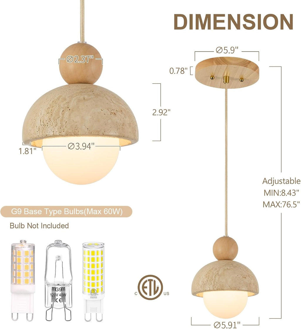 Natural Cave Stone Pendant Lights Kitchen Island Japanese Wabi Sabi Pendant Light Fixture with Wood Ceiling Plate Hanging Lamp for Hallway, Bedroom, Dining Room 3pcs