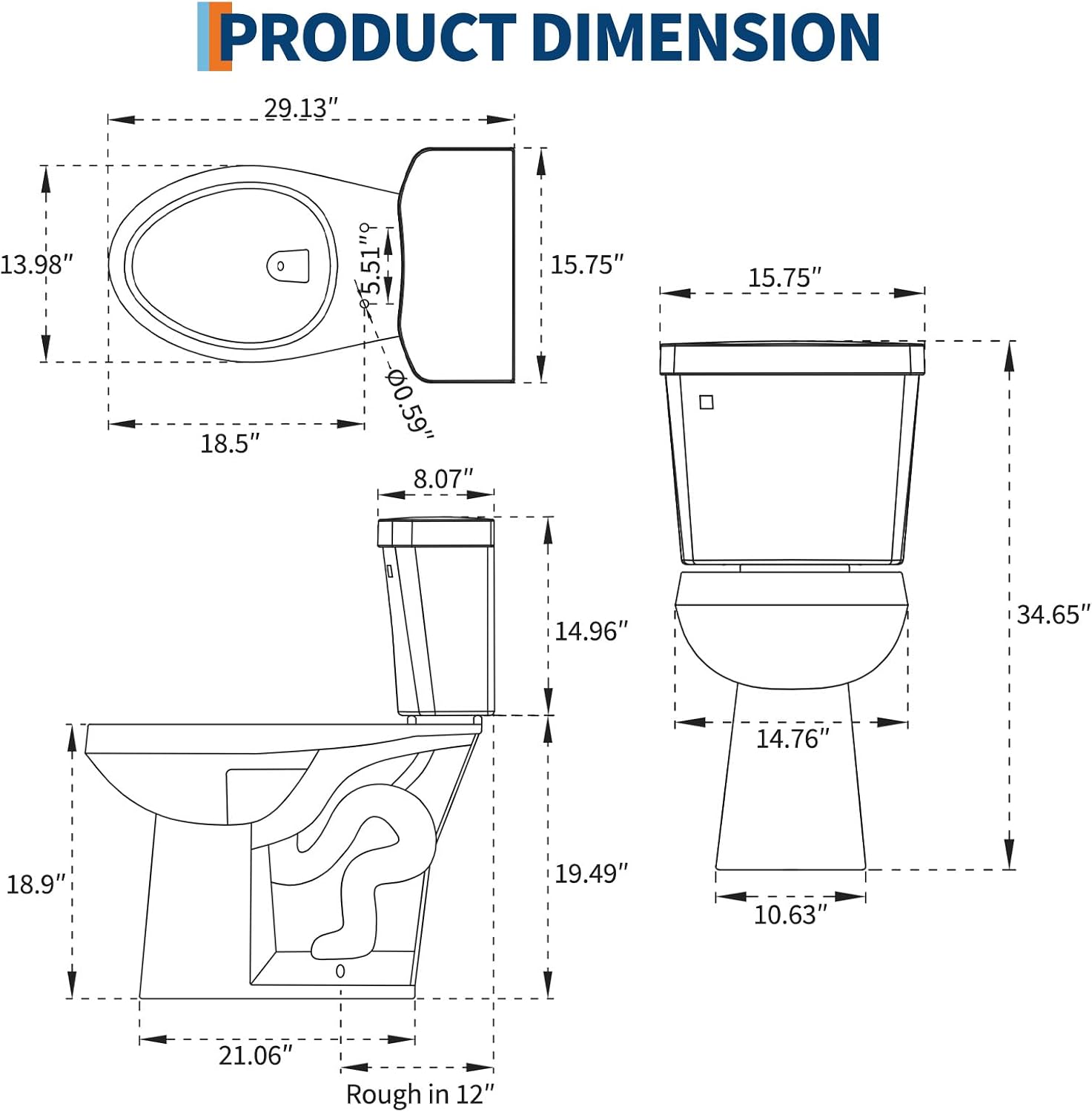 Comfort Height 19' Elongated Toilet Bowl Only – Single Side Handle, Upgraded Power Flush, Includes Internal Water-Saving Mechanism, No Seat – Designed for Bathroom Renovation or Back Pain Relief