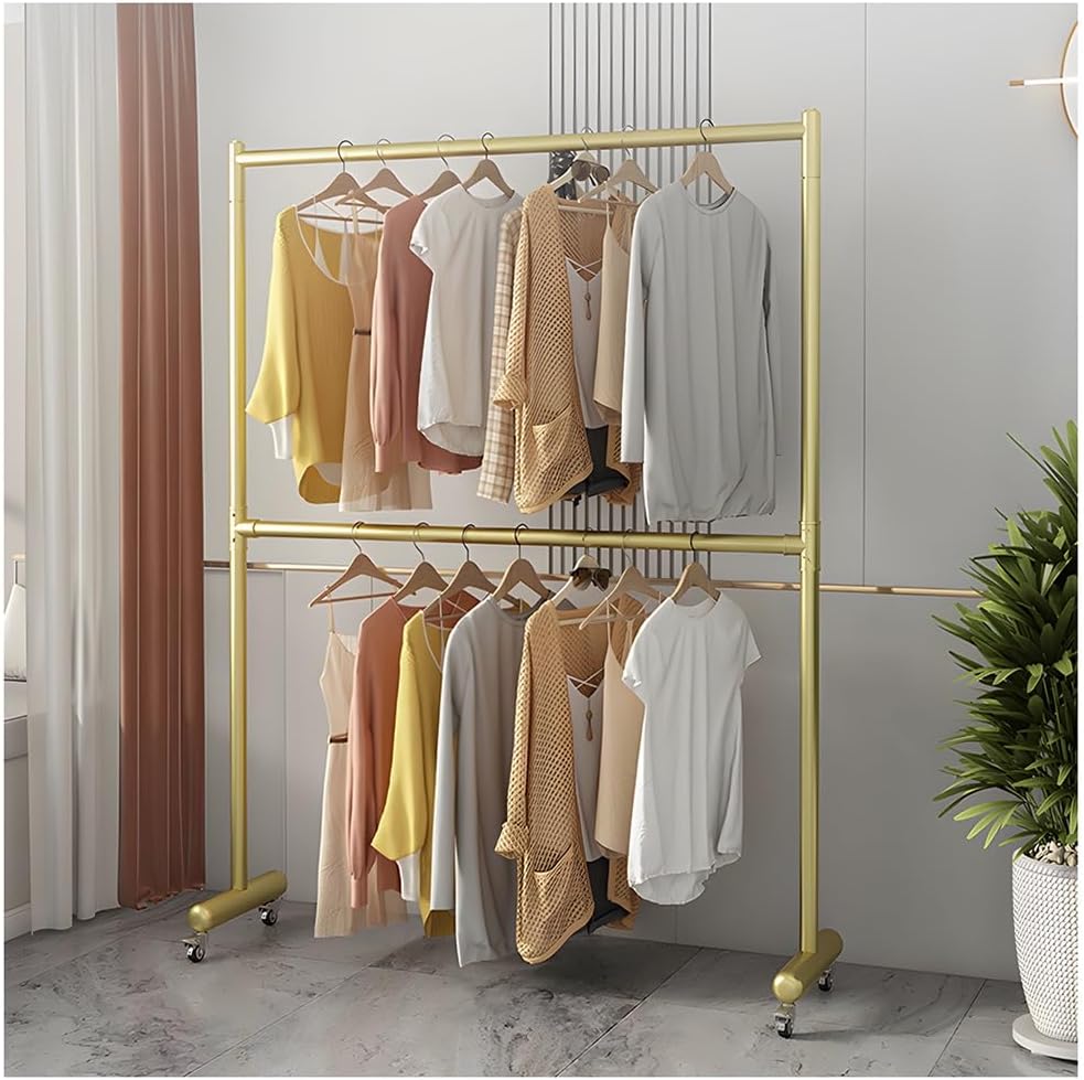 Double Rod Heavy Duty Garment Rack, Metal Rolling Garment Rack with Wheels, Large Capacity Height Adjustable Clothes Hanger Rack, for Bedroom, Living Room, Clothing Store (Gold 60x40x187 cm)