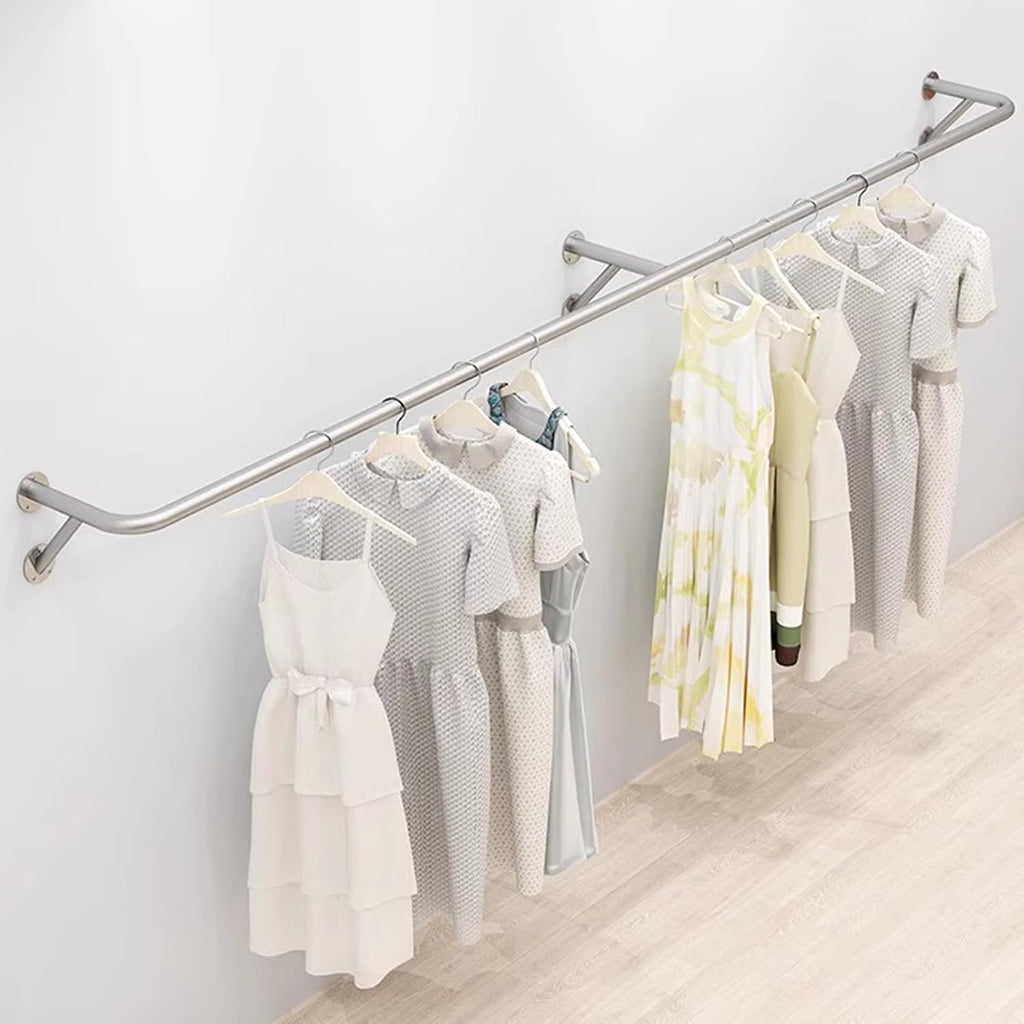 Stainless Steel Wall Mounted Clothes Rail 160cm Space Saving Garment Hanging Rack for Retail Store Display Silver Pipe Clothing Rack (200cm