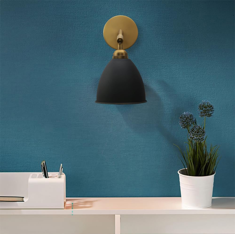 Yosoan Vintage Wall Sconce Bookcase Light, 2-Pack Dimmable On Off Switch Industrial Mount Metal Fixture Lighting with 6.1' Oval Black Metal Shade in-Build Gold and Antique Canopy Reading Lamp