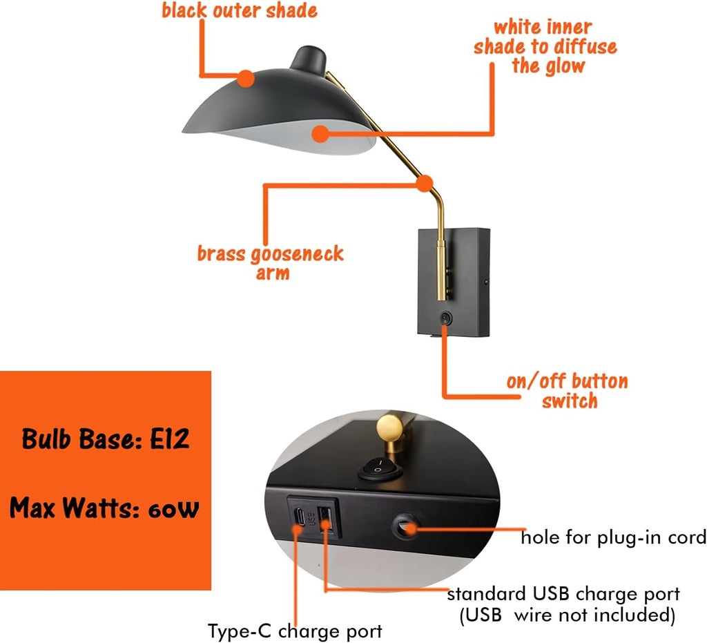 CLAXY Plug in Wall Sconces Swing Arm Wall Mounted Lighting Matte Black | E12 Home Wall Lights with USB Charge Port-Set of 2, Plug in or Hardwired Wall Mounted Lights for Bedroom Reading Room Living