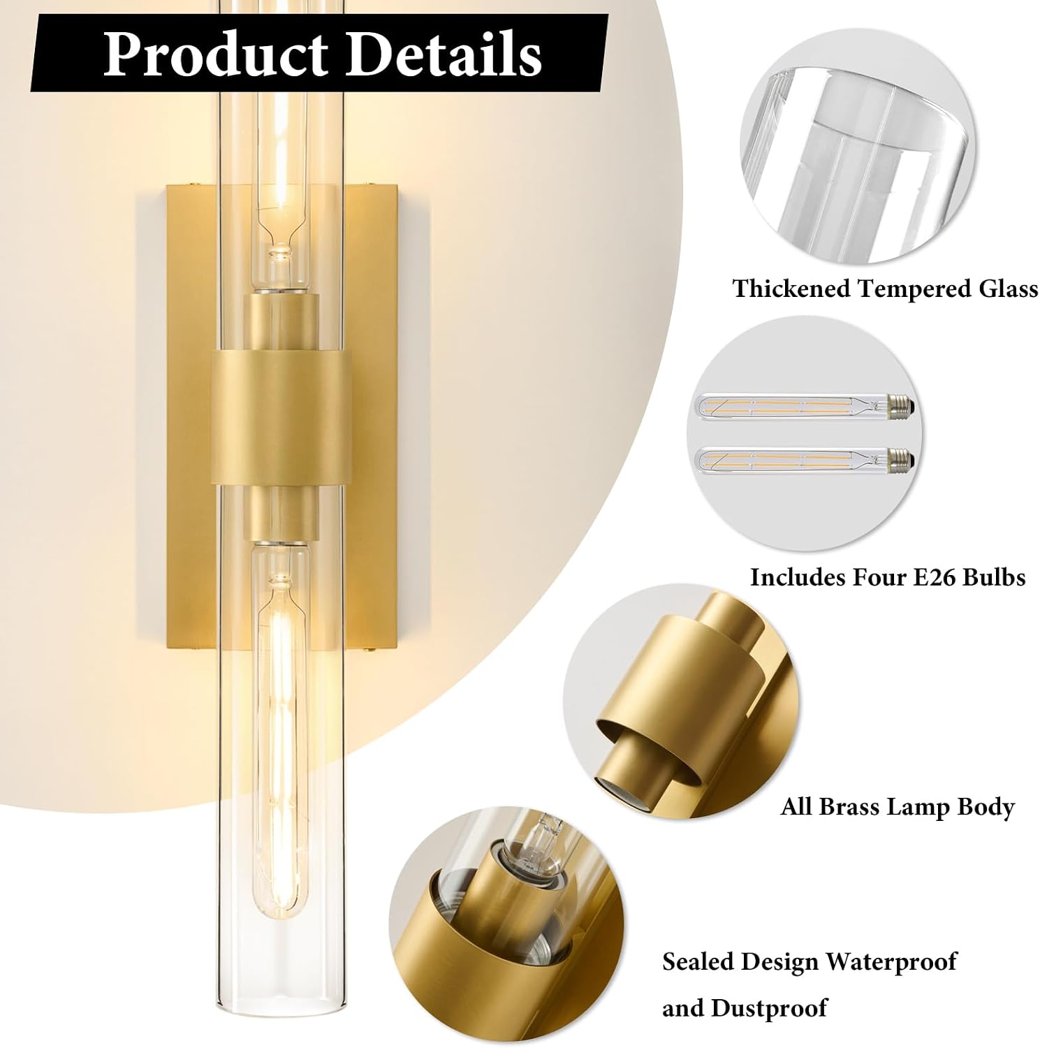 Gold Brass Bathroom Wall Sconce - Set of 2 Modern Long Linear Dimmable Sconces - Clear Glass Tube Vanity Light - Vertical or Horizontal Mounted Lighting Fixture for Indoor Bedroom Living Room Hallway