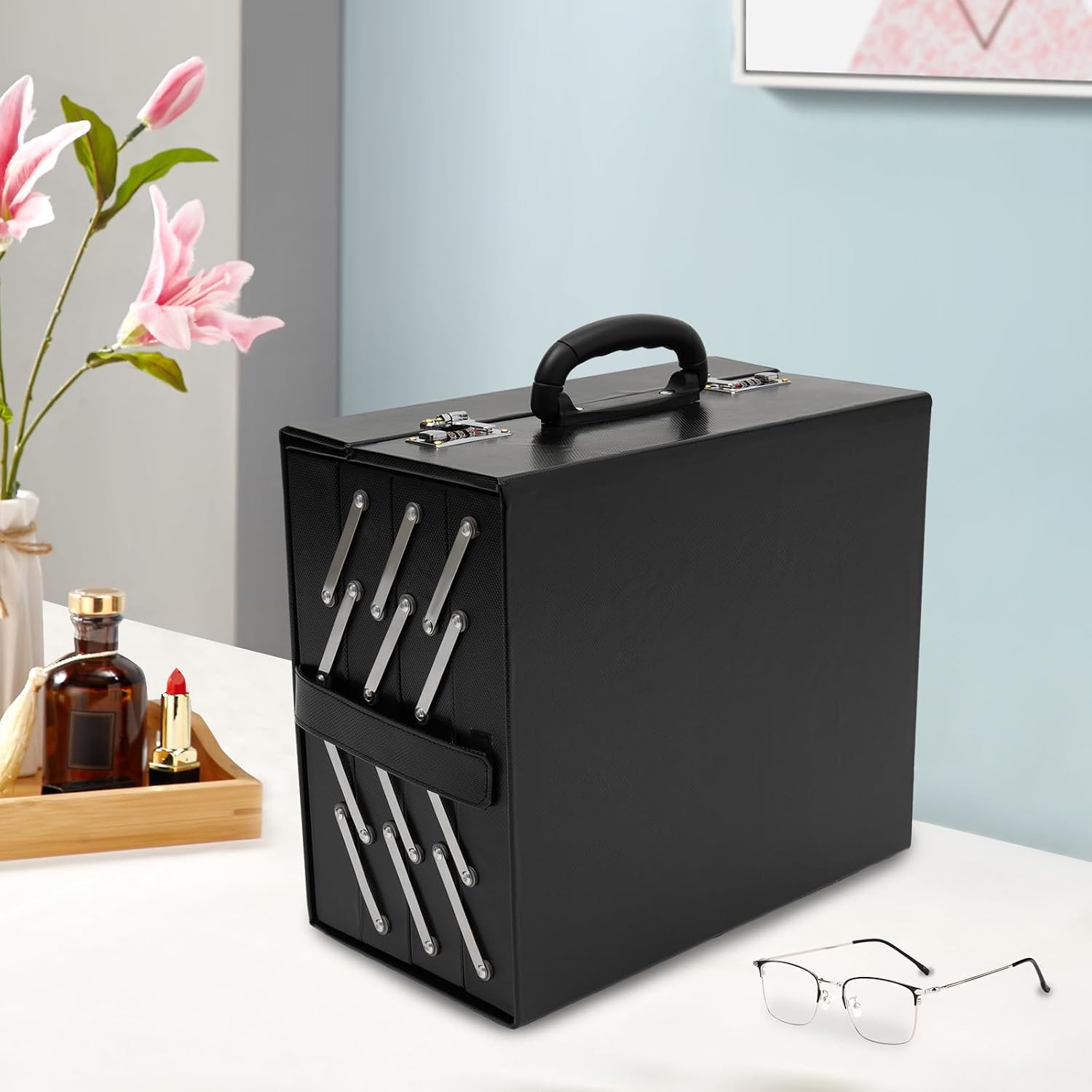 48 Slots Eyeglasses Storage Case, Portable Sunglasses Display Case Black Luxury Glasses Organizer Storage Heavy Duty Optical Frame Display Glasses Case Eyewear Storage Organizer Collector with Drawer