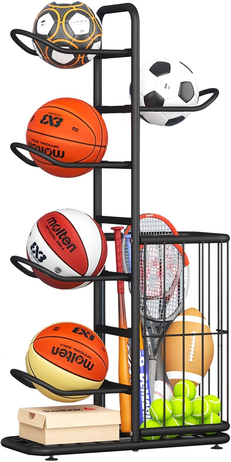 Basketball Ball Storage Rack Ball Storage Display Rack Floor Stand, Vertical Standing Metal Sport Ball Organizer Holder, Basketball Football Volleyball Storage Display