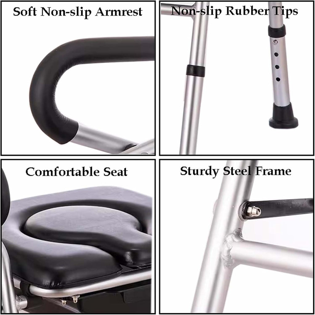 Commode Chair for Seniors, Folding Steel Bedside Commode Chair, Height Adjustable Toilet Shower Chair with Removable Bucket, Easy No Tool Assembly, Bedside Commodes Black