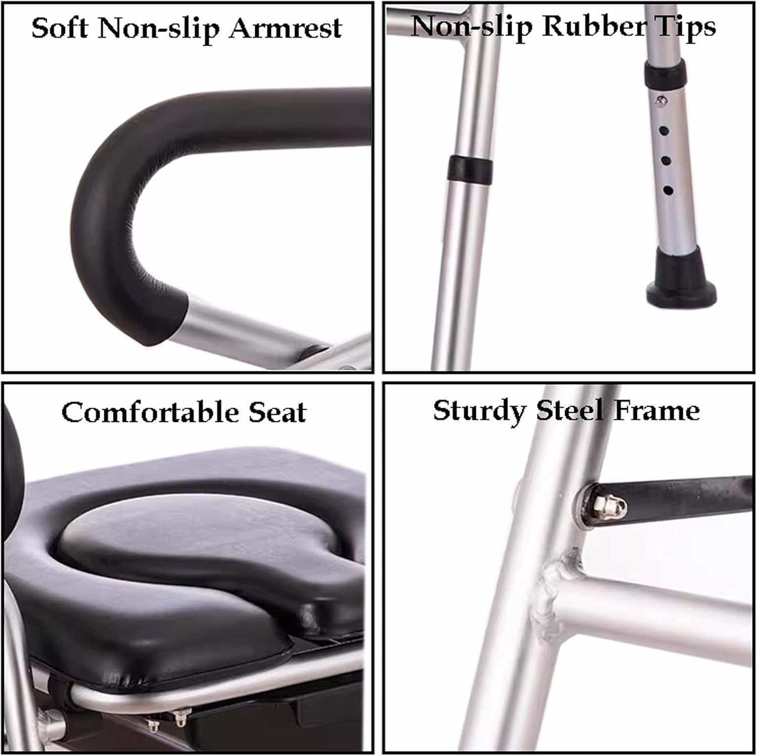 Commode Chair for Seniors, Folding Steel Bedside Commode Chair, Height Adjustable Toilet Shower Chair with Removable Bucket, Easy No Tool Assembly, Bedside Commodes Black