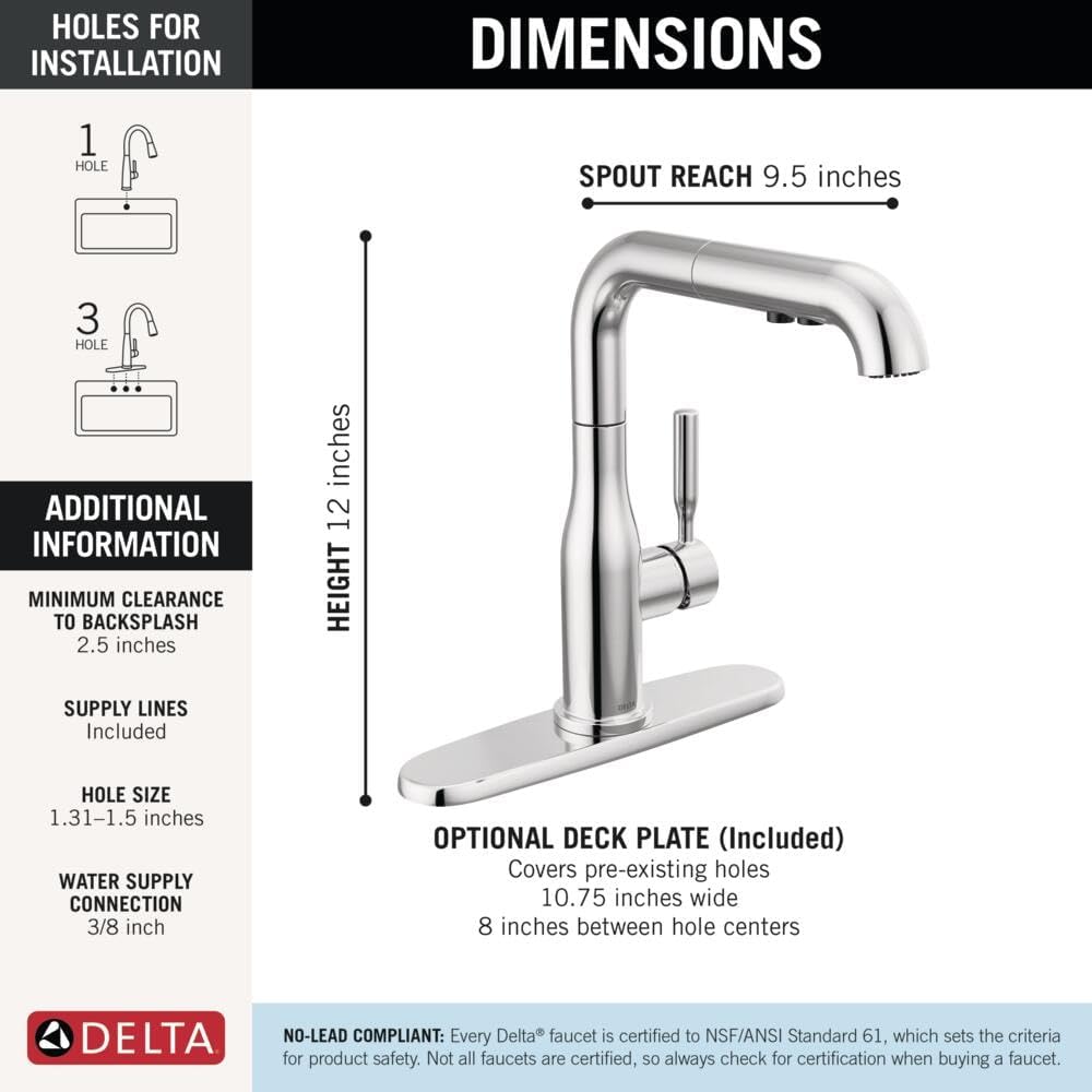 Delta Almari Chrome Kitchen Faucet with Pull-Out Sprayer, Modern Single Hole Kitchen Sink Faucet, Single Handle, Chrome 16943-DST
