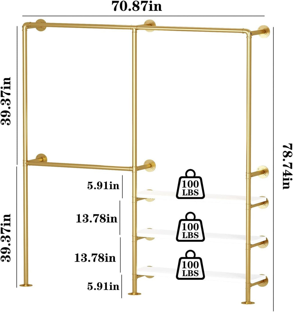 Industrial Pipe Clothing Rack, Gold Clothing Rack with Shelves, Wall Mounted Clothes Rack Heavy Duty Closet Organizers Wardrobe Multi-Purpose Storage Clothes Hanging Shelf - 70.8''L Gold