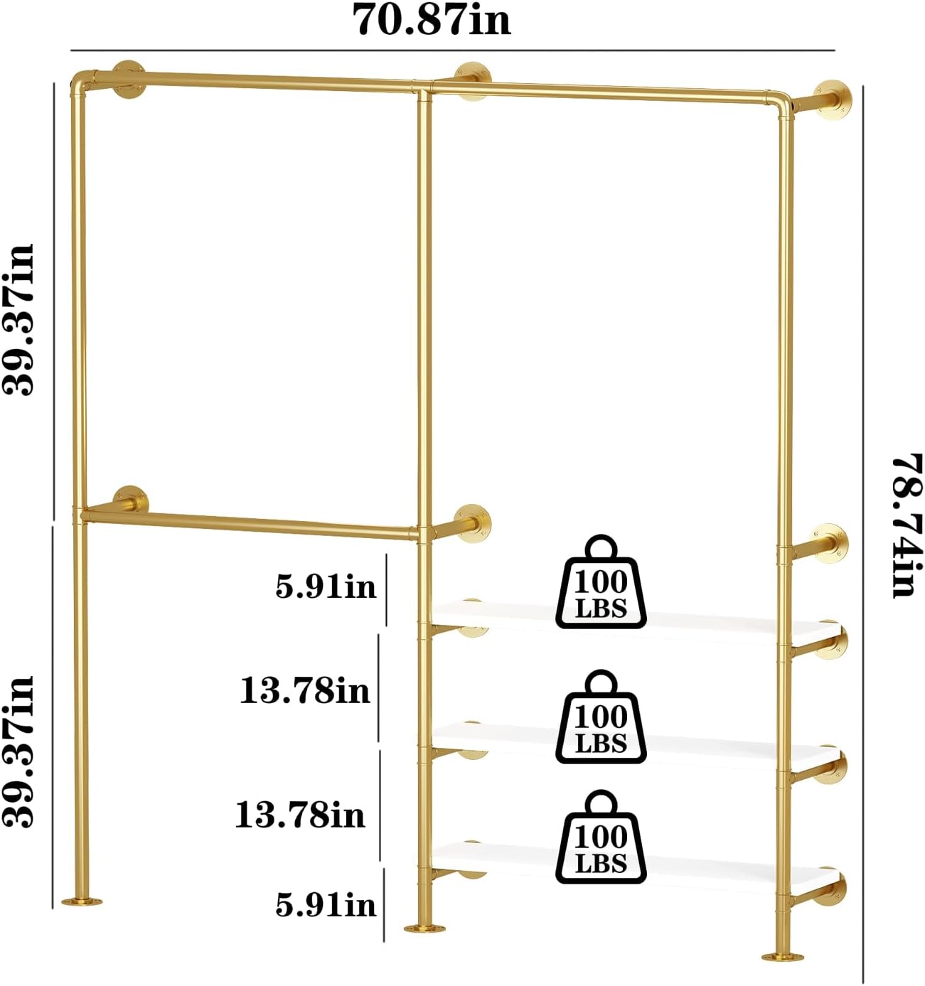 Industrial Pipe Clothing Rack, Gold Clothing Rack with Shelves, Wall Mounted Clothes Rack Heavy Duty Closet Organizers Wardrobe Multi-Purpose Storage Clothes Hanging Shelf - 70.8''L Gold