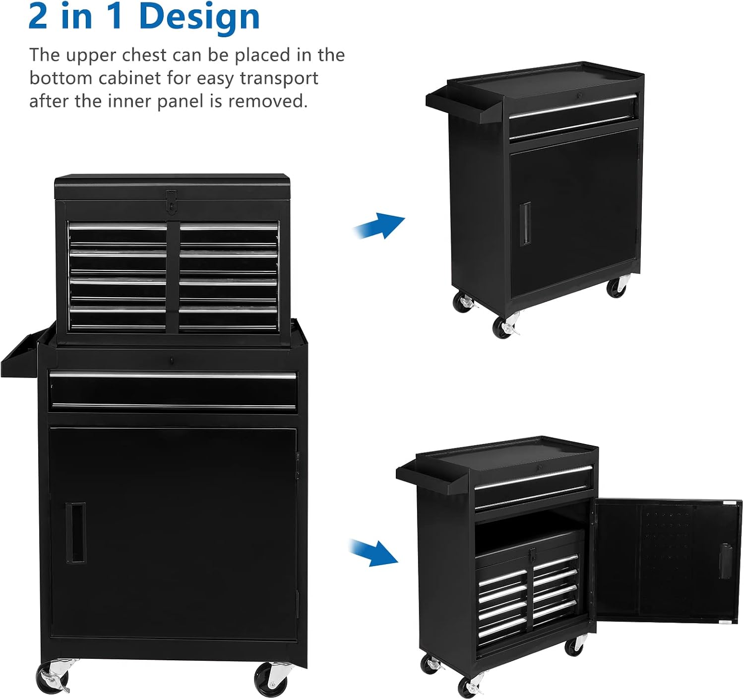 TUFFIOM 5-Drawer Rolling Tool Chest, Tool Storage Cabinet w/Drawers, Lockable Wheels, Detachable Top & Adjustable Shelf, Mechanic Tool Organizer Box for Garage, Workshop, Warehouse & Repair Shop