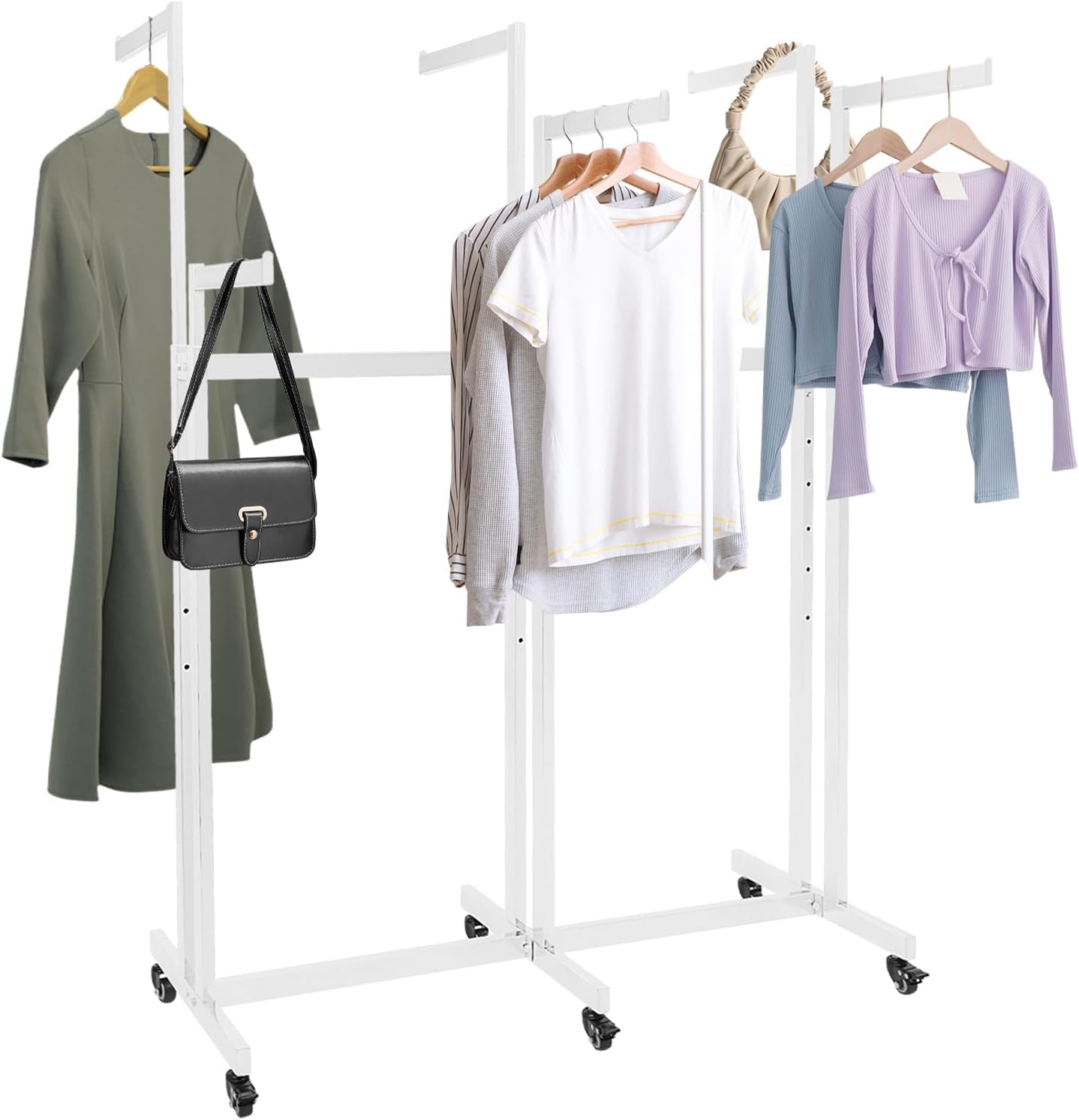 Clothing Display Racks for Retail, Retail Display Racks With Wheels, Floor Standing Metal Garment Rack for Hanging Clothes, Retail Store, Bedroom, Laundry Room. (White)