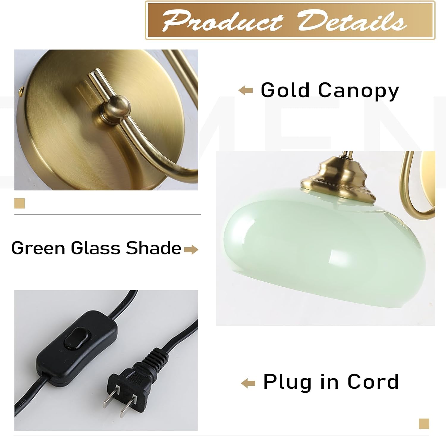 KCO Lighting Vintage Green Glass Wall Sconce Plug in Vintage Brushed Gold Wall Sconce Set of Two Mid Century Modern Bathroom Wall Light