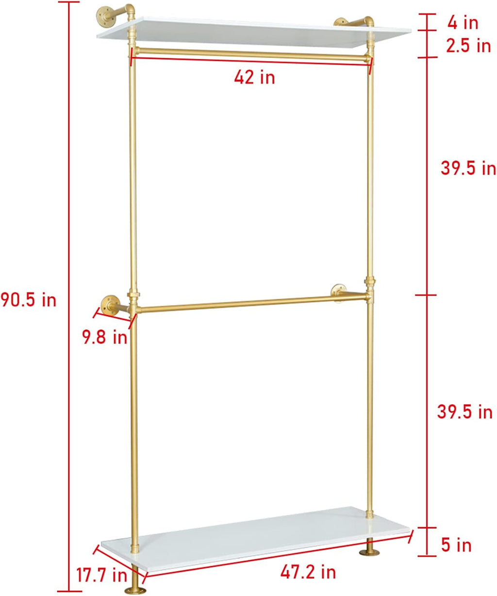 Industrial Clothing Store 2-Tier Pipe and Wood Garment Rack,Wall Mounted Storage Clothes Shoe Bag Hanging Shelves,Retail Shop Clothes Display Stands (Gold, One Pipe Shlef, 47.2' L)