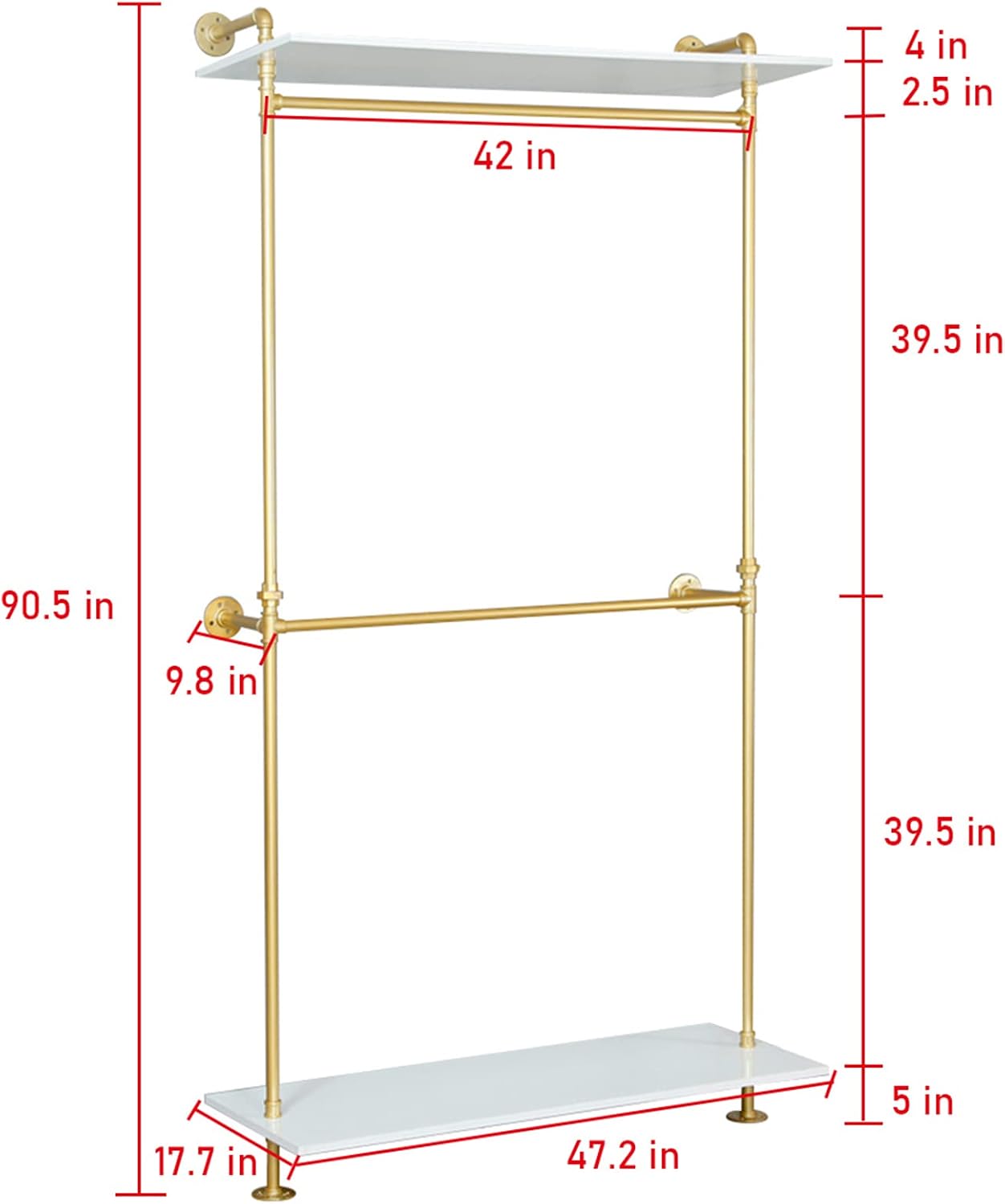 Industrial Clothing Store 2-Tier Pipe and Wood Garment Rack,Wall Mounted Storage Clothes Shoe Bag Hanging Shelves,Retail Shop Clothes Display Stands (Gold, One Pipe Shlef, 47.2' L)