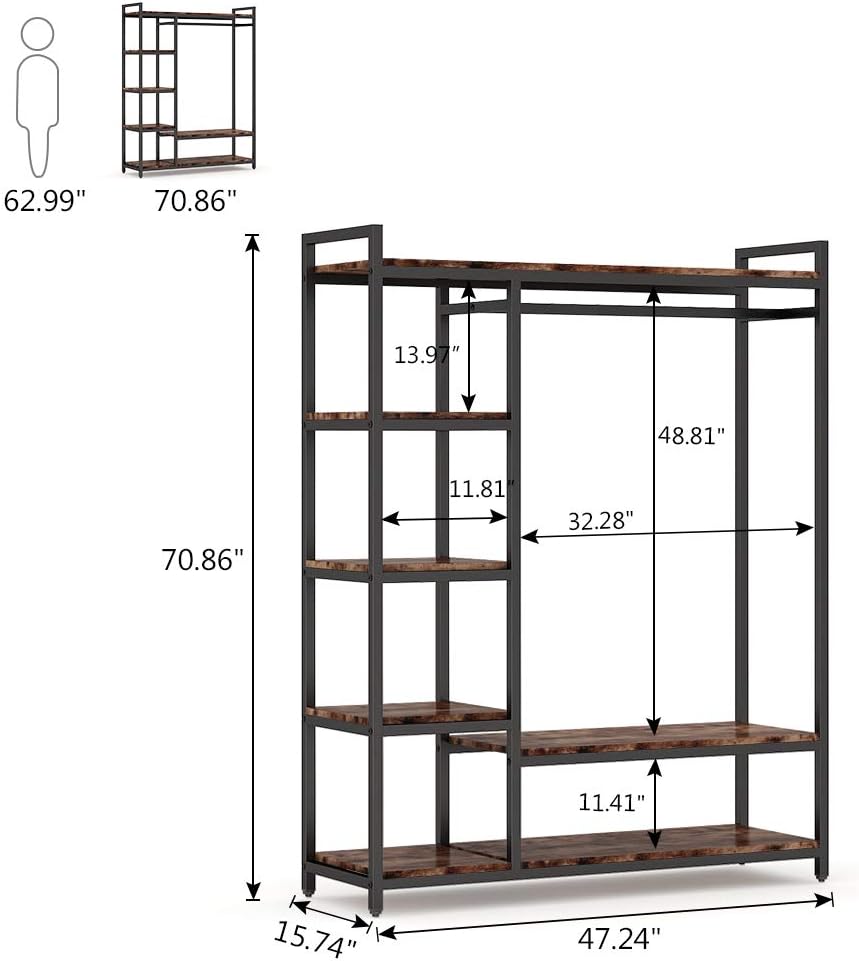 LITTLE TREE Free Standing Wood Closet Clothes Rack,Heavy Duty Grament Rack with Shelves,Hanging Racks for Clothes Clothing Rack for Bedrom,Wardrobe Closet Organizer,350 lb Capacity,Rustic