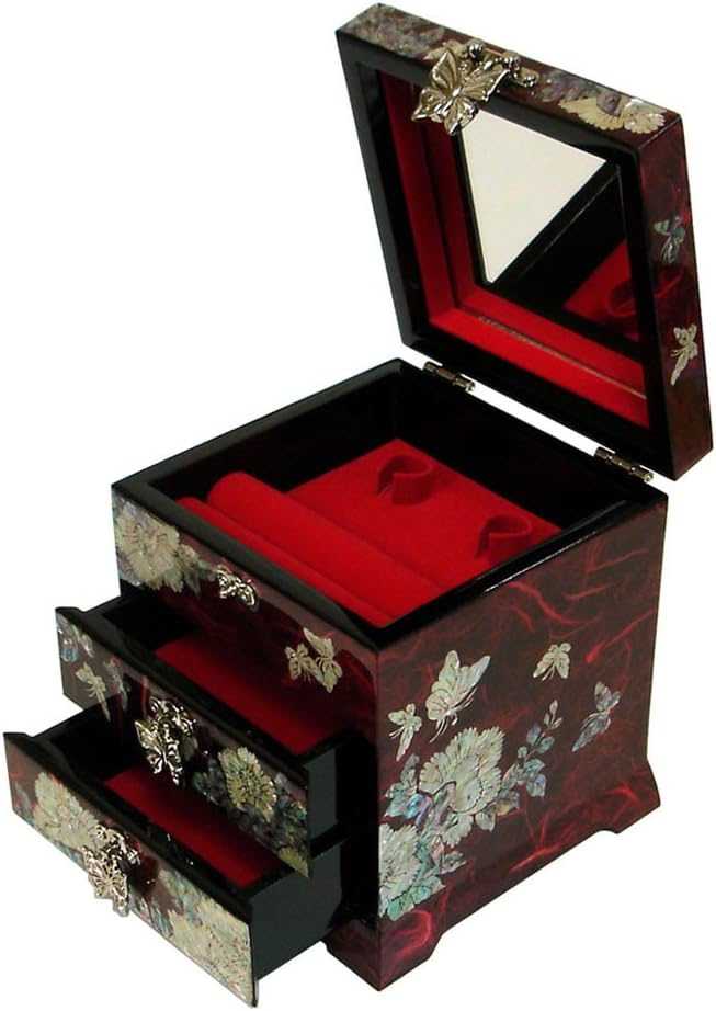 Antique Alive Mother of Pearl Inlay Design Jewelry Box, Wood Jewelry Box, Trinket Case, Keepsake Treasure Chest Box Organizer Holder (Flower)