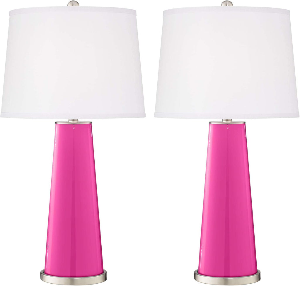 Color + Plus Leo Modern Table Lamps 29 1/2' Tall Set of 2 Fuchsia Pink Glass Tapered Column Plain White Drum Shade Decor for Bedroom Living Room House Home Bedside Nightstand Office Family