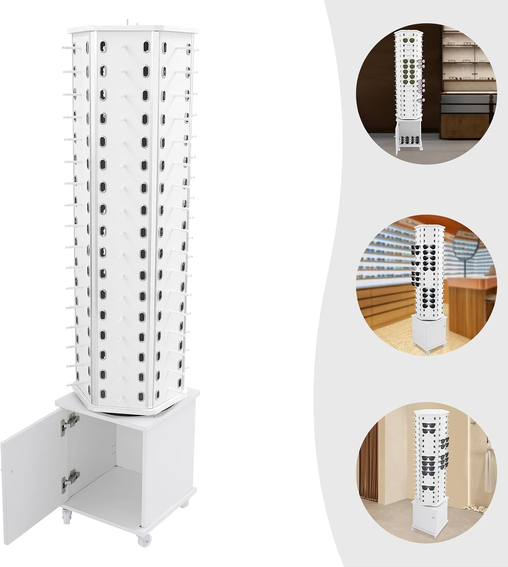 102 Pairs Rotating Glasses Display Stand, Eyewear Storage Organizer with Cabinet & Wheels, Commercial Sunglasses Display Rack, Optical Shop Glasses Holder (White)
