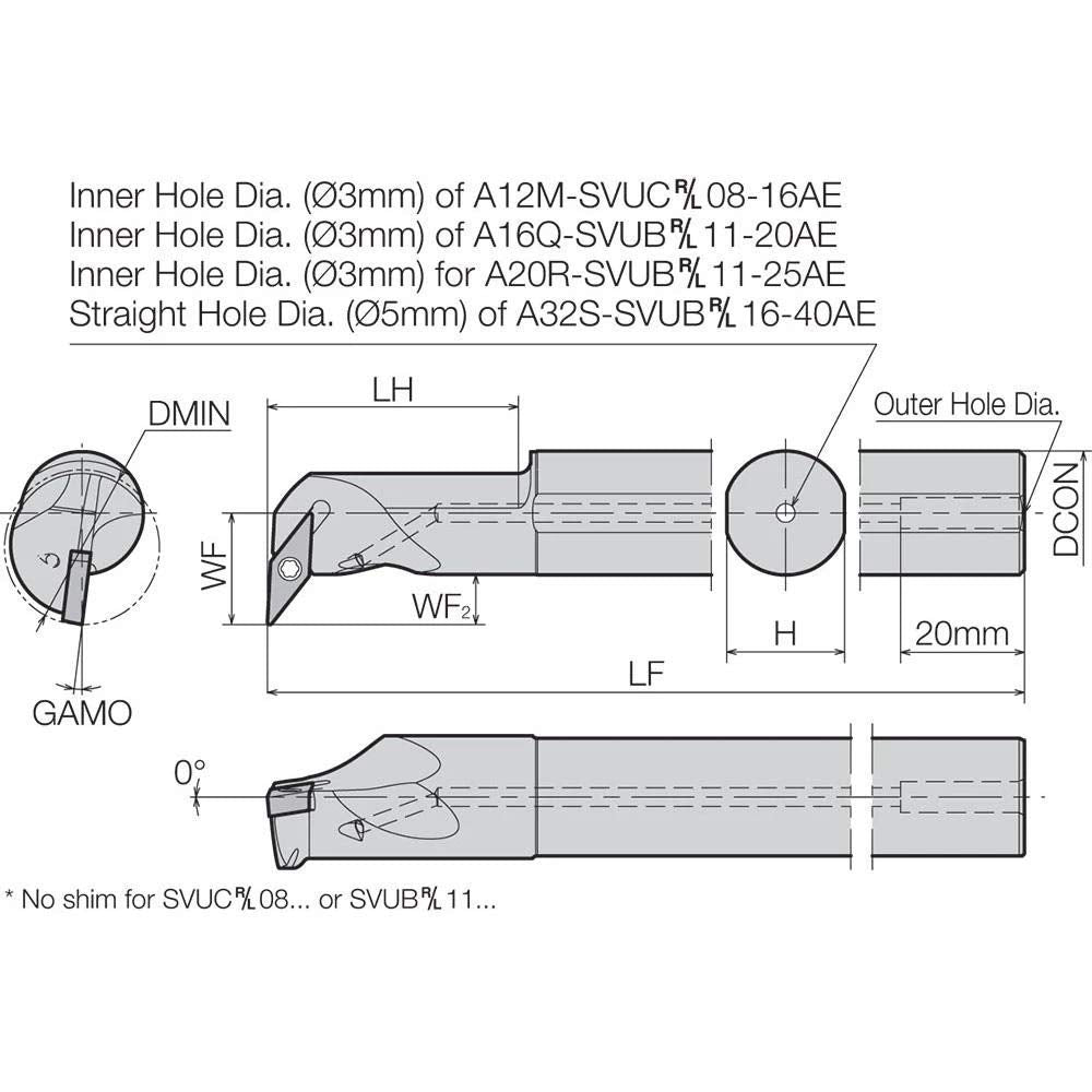 Kyocera A16QSVUBR1120AE Right-Hand, Positive Rake, Dynamic Bar Coolant-Through Boring Bar with 3 Degree Lead Angle and 20.00mm Minimum Bore Dia.