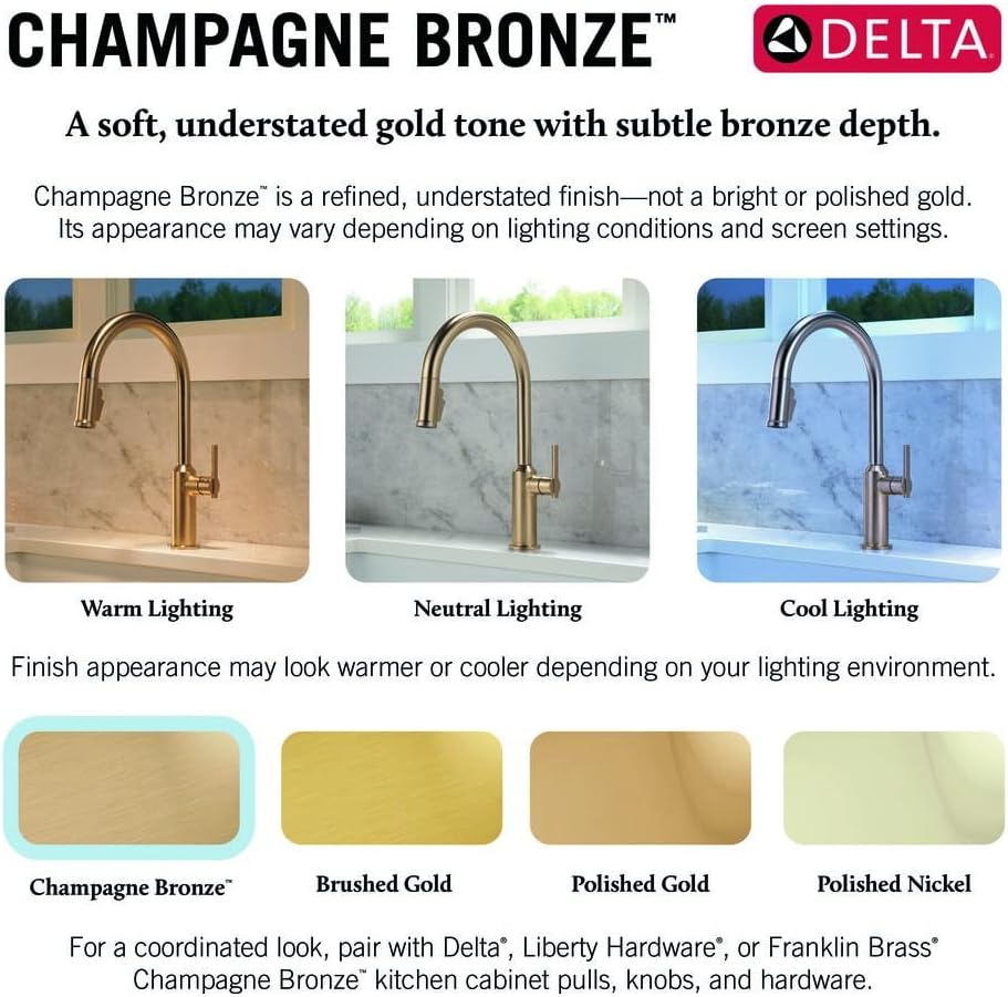 Delta Nicoli Brushed Gold Kitchen Faucet with Pull Down Sprayer, Modern Single Hole Kitchen Sink Faucet, Single Handle, Champagne Bronze 19867LF-CZ