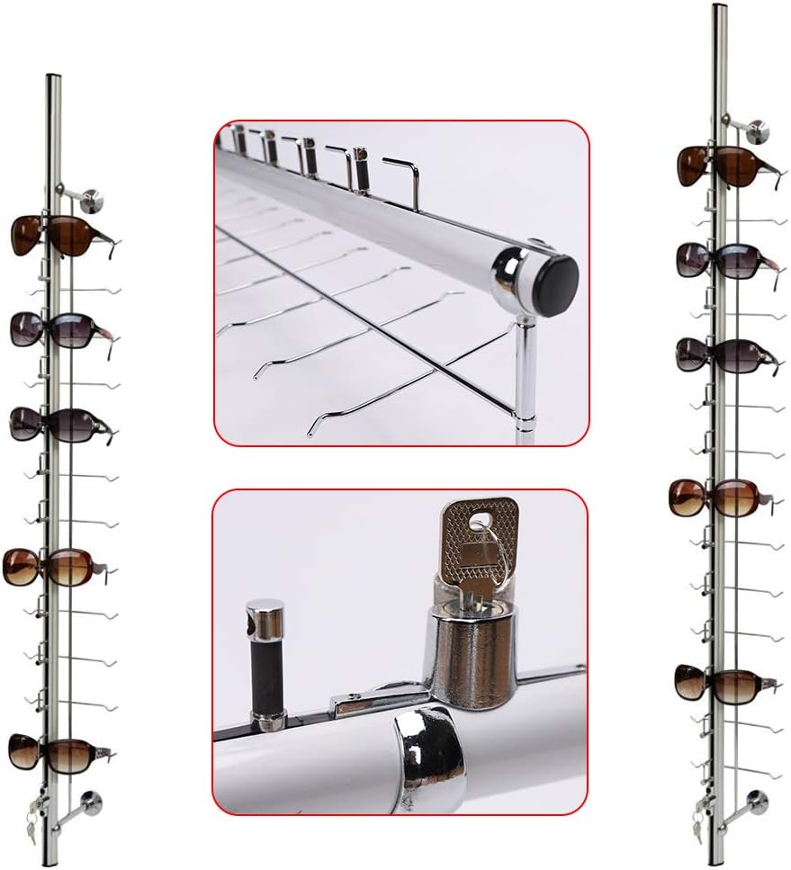 10 Pcs Aluminum Eyeglass Display Rod with Lock, Wall Mount Sunglasses Display Stand Holder Organizer for Optical Store & Home Use (43.3 Inch, Hold 12 Frames with Lock)