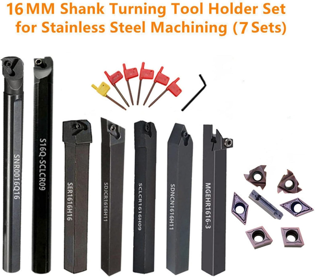 7Sets of 16MM CNC Lathe Turning Tool Holder Boring Bar with Applicable Inserts and Wrenches Set for Turning Threading(7Sets for Stainless)