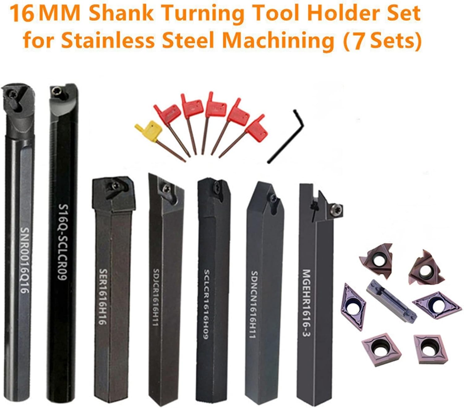 7Sets of 16MM CNC Lathe Turning Tool Holder Boring Bar with Applicable Inserts and Wrenches Set for Turning Threading(7Sets for Stainless)