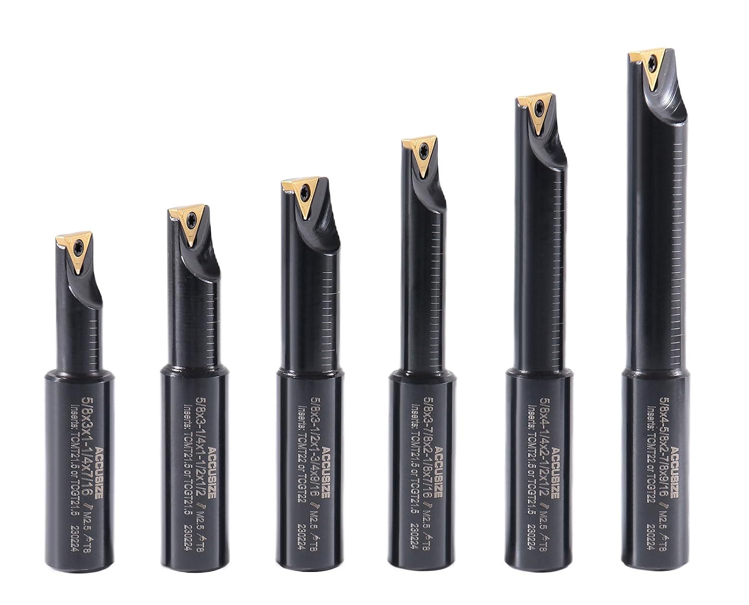 Accusize Industrial Tools Round Shank Indexable Boring Bar, 5/8 in | 6-Piece Set with TCMT 21.5 Carbide Inserts, 90 Degree, Bore Depth 1-1/4 in to 2-7/8 in, 2627-9106