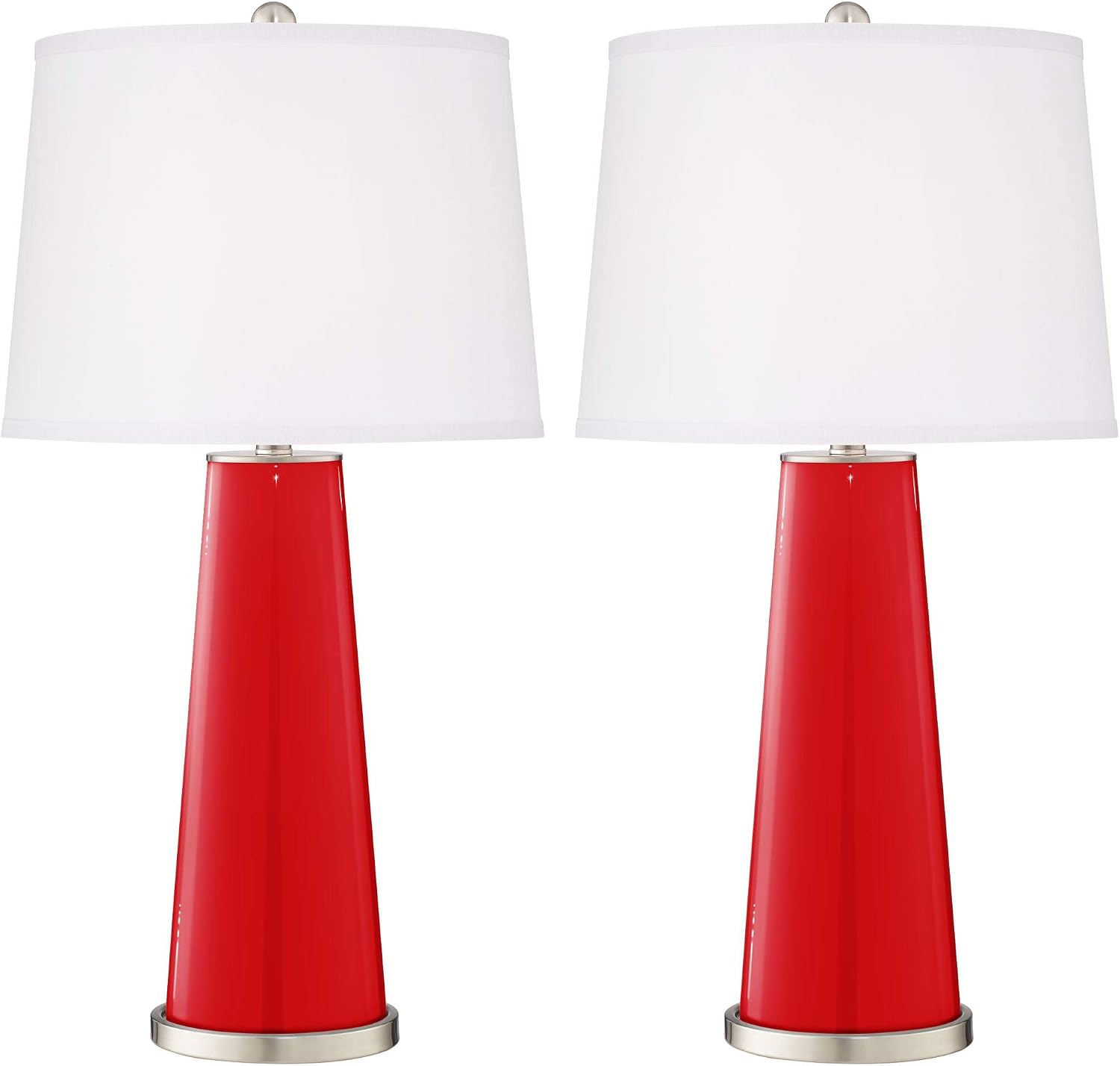 Color + Plus Leo Modern Table Lamps 29 1/2' Tall Set of 2 Bright Red Glass Tapered Column Plain White Drum Shade Decor for Bedroom Living Room House Home Bedside Nightstand Office Family