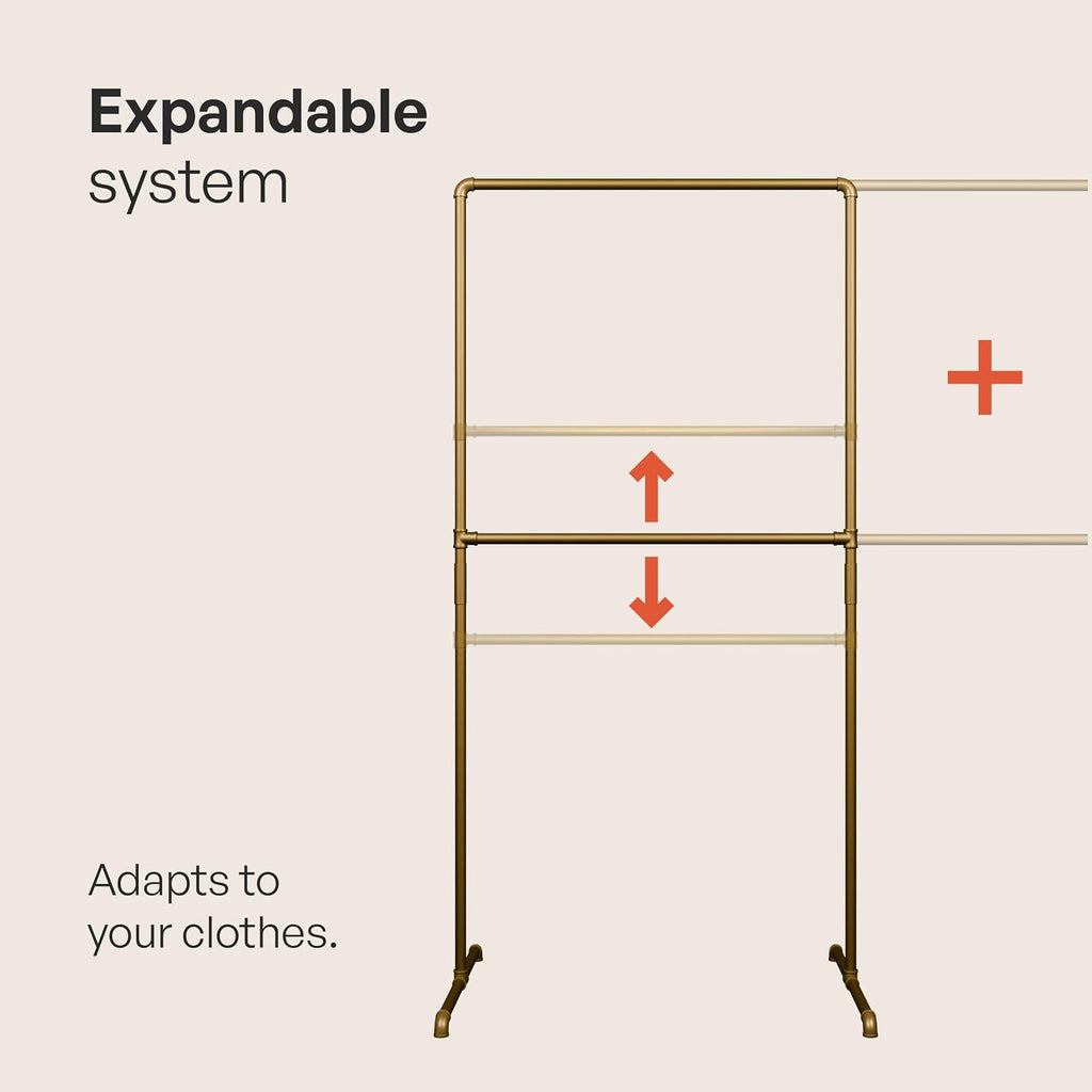pamo Gold Clothing Rack – 38.98' W x 49.21' H – Industrial Pipe Metal Garment Organizer for Bedroom or Retail – Heavy-Duty Clothes Rack – Easy Assembly