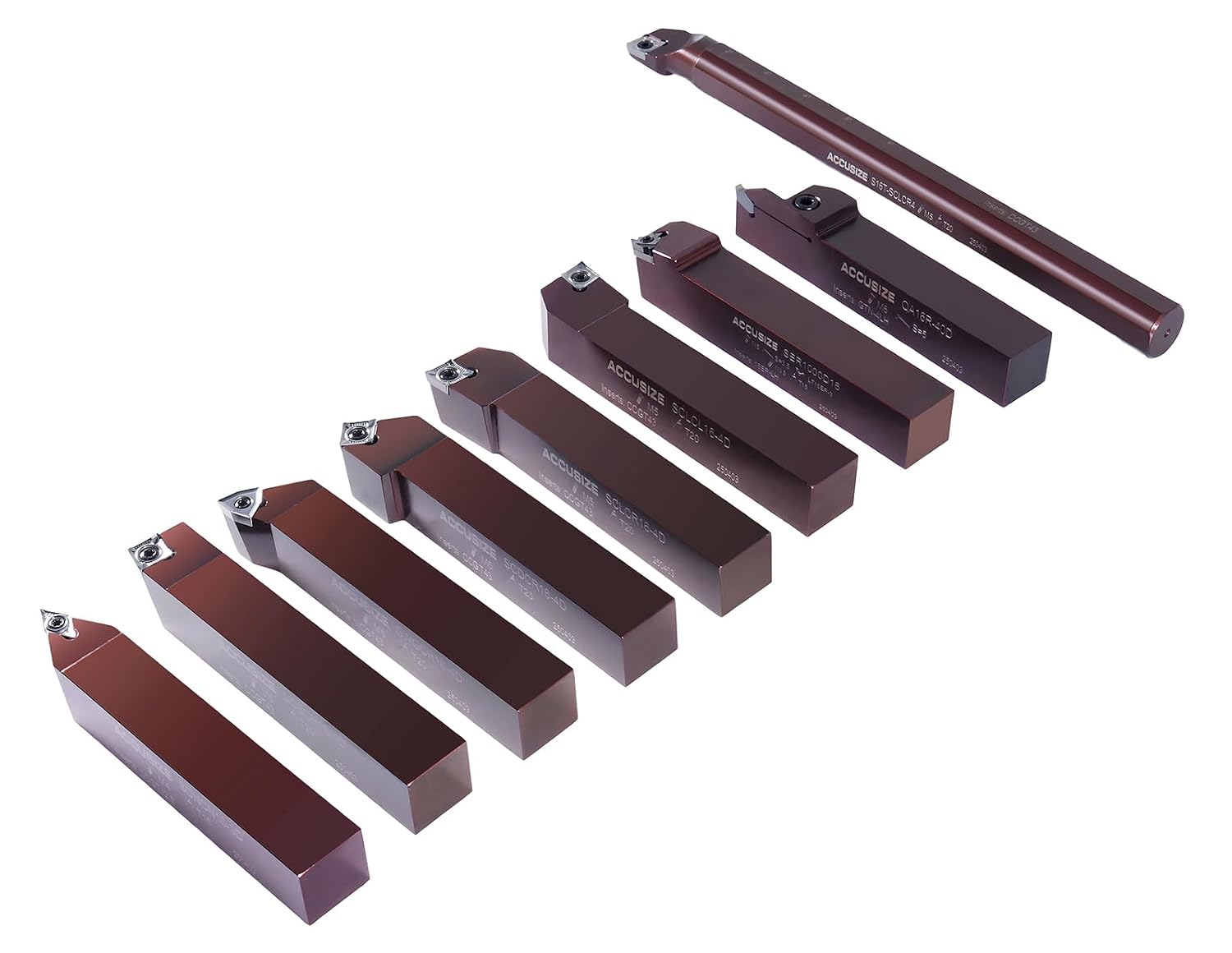 Accusize 1' Shk 9-Pc Indexable Turning & Boring Set for Aluminum, 3988-0001 | Uncoated Sharp-Edge Carbide Inserts for Aluminum, 9-Piece Indexable Turning and Boring Set