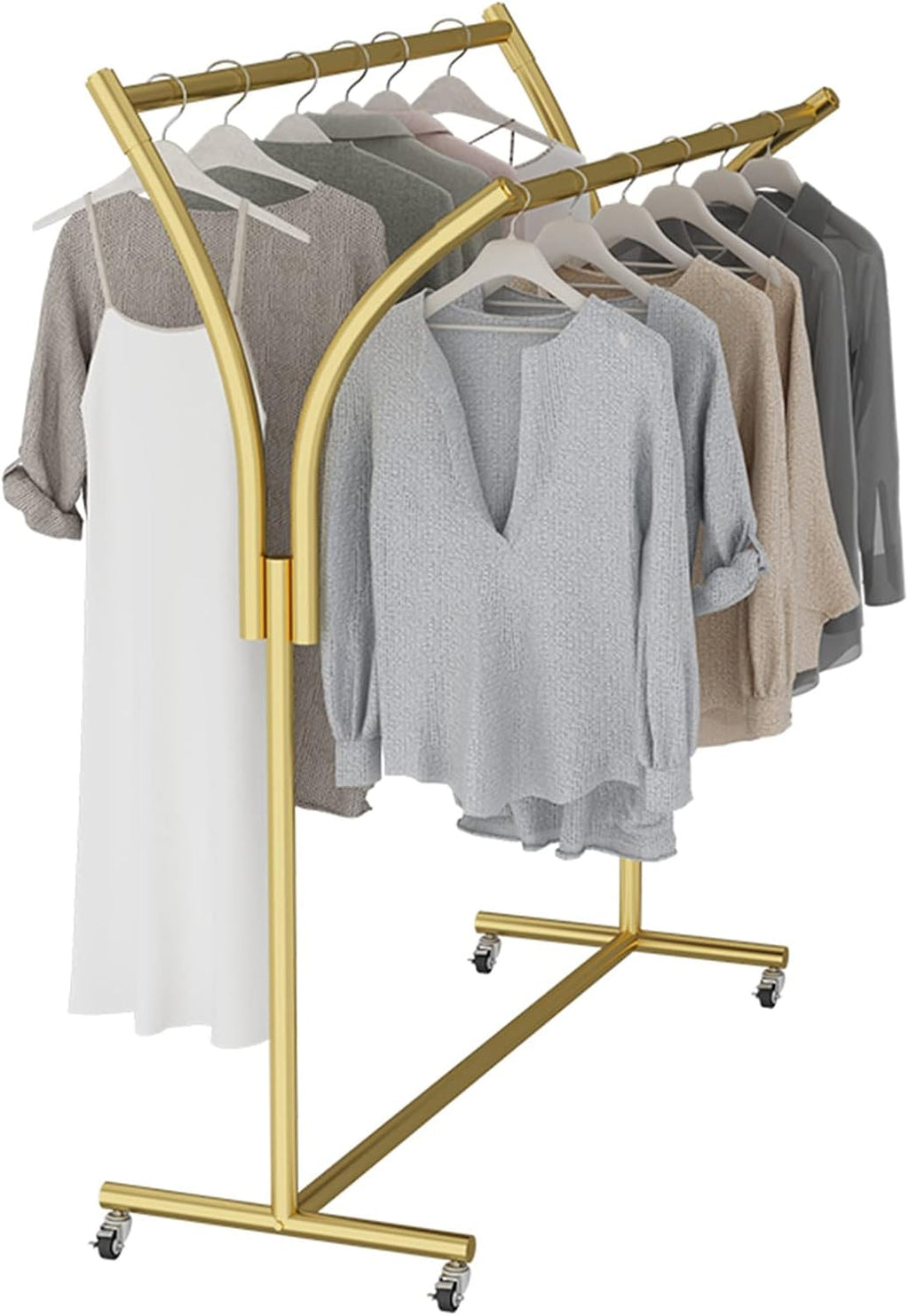Modern Simple Heavy Duty Metal Rolling Garment Rack with Wheel,Boutique Display Clothing Rack Gold Floor Standing Display Rack,Double Bar Hanger Retail Display(D with Ers 60 * 155 * 50cm)