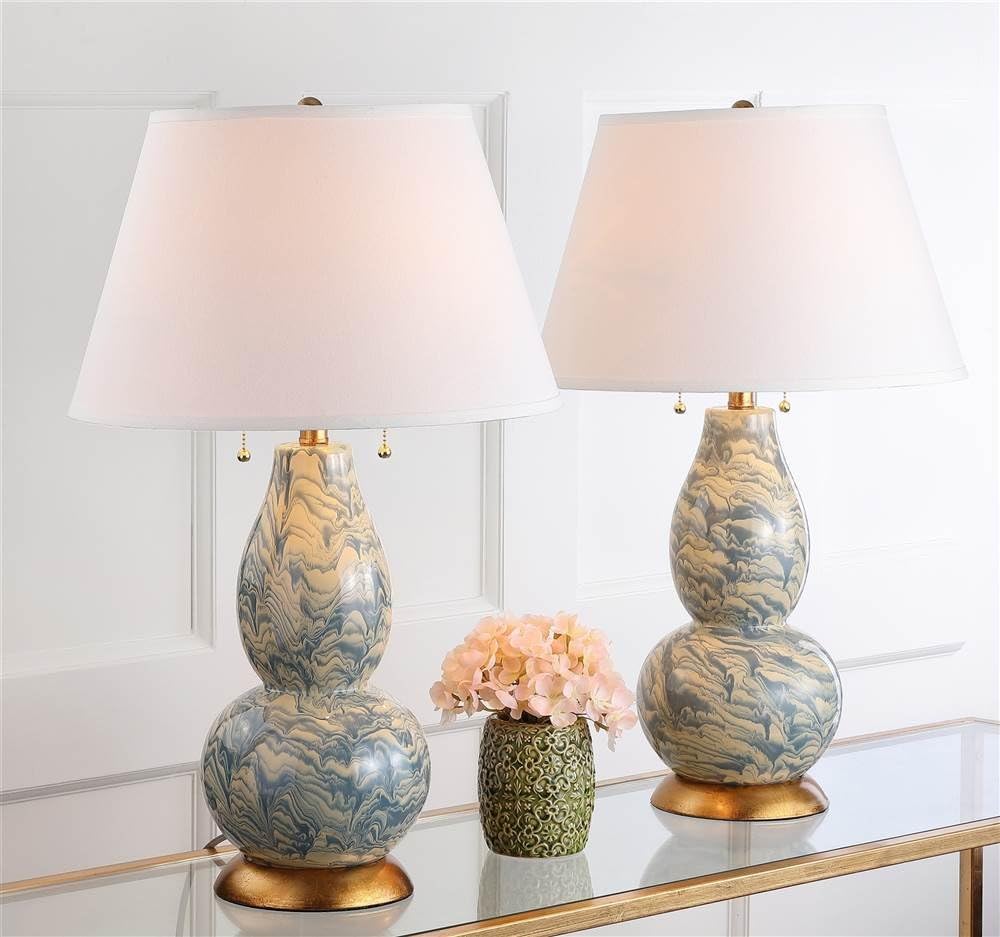 Safavieh Lighting Collection Color Swirls Glass Blue and White Table Lamp, Set of 2
