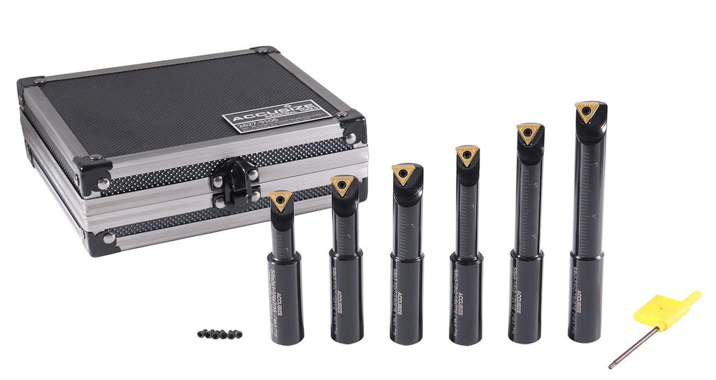 Accusize Industrial Tools Round Shank Indexable Boring Bar, 5/8 in | 6-Piece Set with TCMT 21.5 Carbide Inserts, 90 Degree, Bore Depth 1-1/4 in to 2-7/8 in, 2627-9106