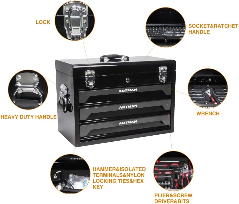 Tool Box Set, 439-Piece Mechanic's Tool Kit, 4-Drawer High Capacity Tool Chest, Lockable Storage Organizer with Sliding Drawers for Home & Garage Repair (Black)