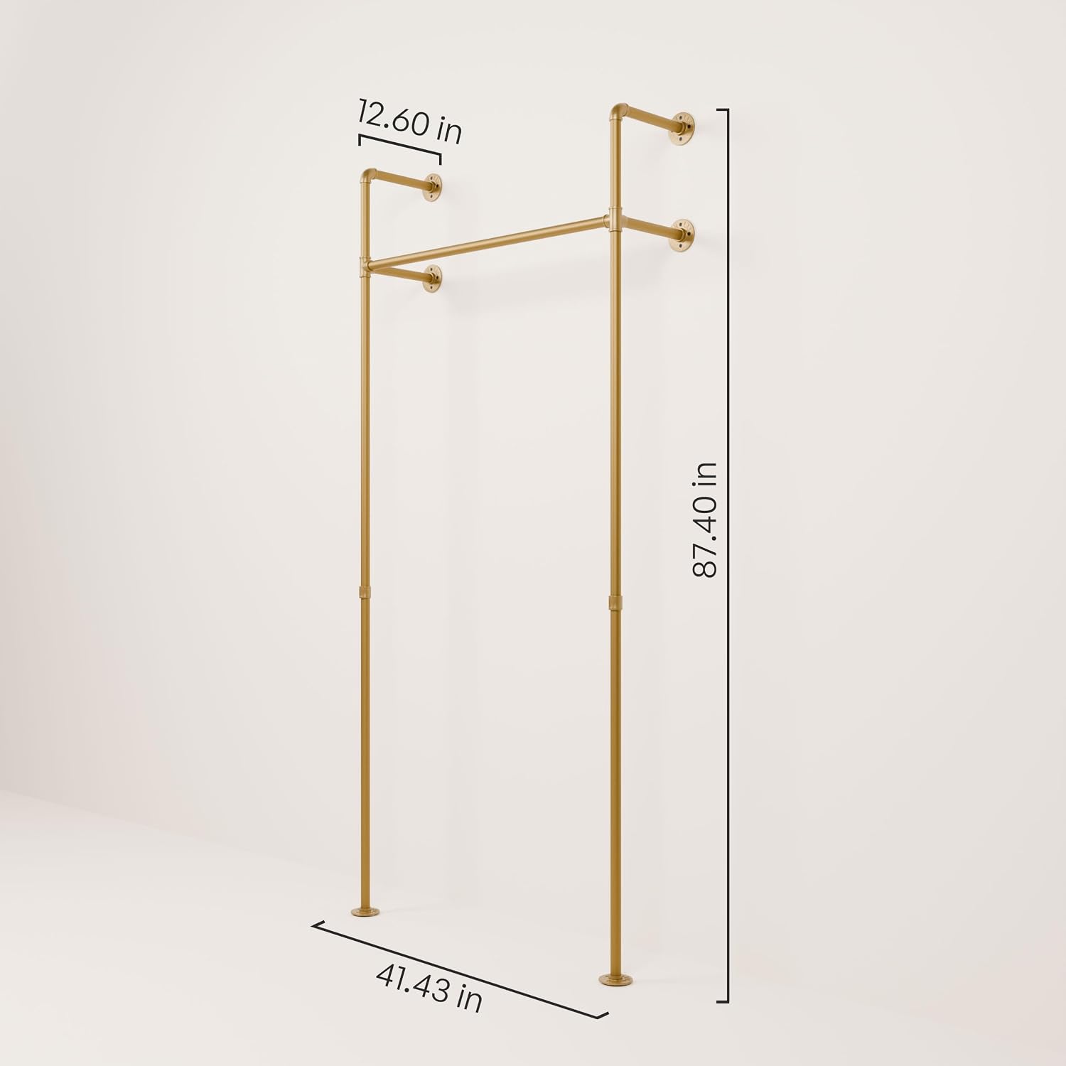 pamo Gold Clothing Rack Wall Mounted – Pipe Closet System in Gold Powder-Coated Steel – 41' W × 87' H, 309 lbs – Boutique, Walk-In Closet & Retail