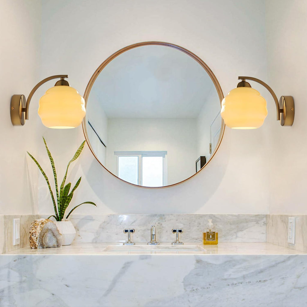 Mid Century Modern Wall Sconces Set of Two Brushed Brass Wall Sconce Gold Glass Wall Lights Globe Wall Mount Light Fixture Vintage Hallway Bathroom Sconces Wall Lighting Set of 2