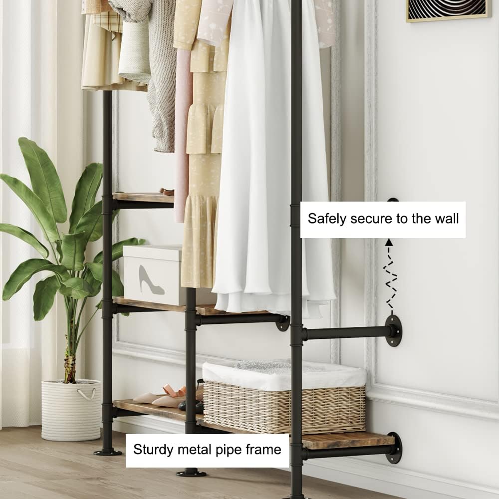 KaKaBB Industrial Wall Mounted Clothes Rack, Black Double Hanging Rods Clothing Rack, Heavy Duty Pipe Clothing Racks With Three Shelves Retail Display Garment Rack for Home/Boutique