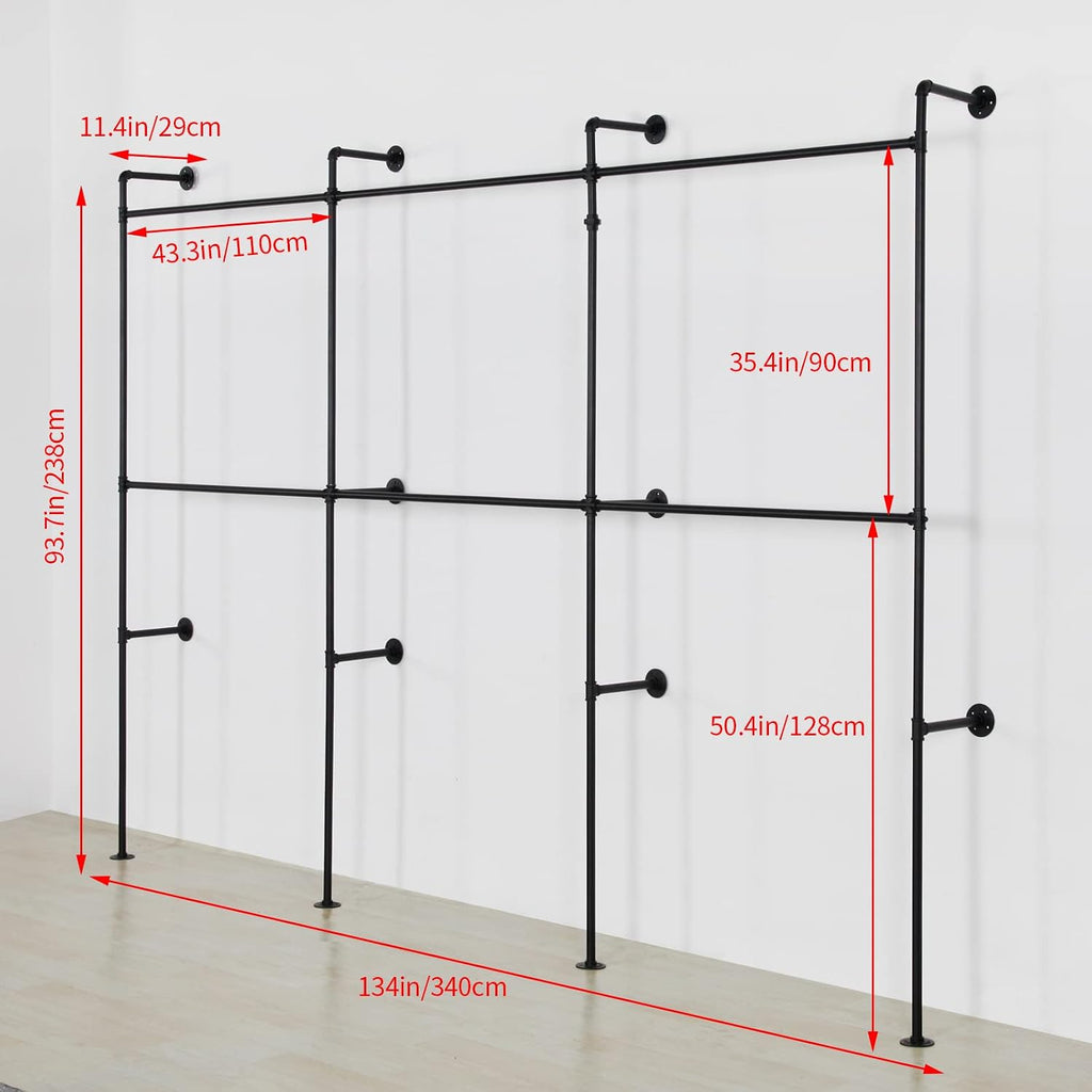 Modern Simple Industrial Pipe Clothing Rack, Display Stand Wall Mounted Clothes Garment Rack Heavy Duty Hanging Clothes Rods Bar for Closet Storage, 134in Black