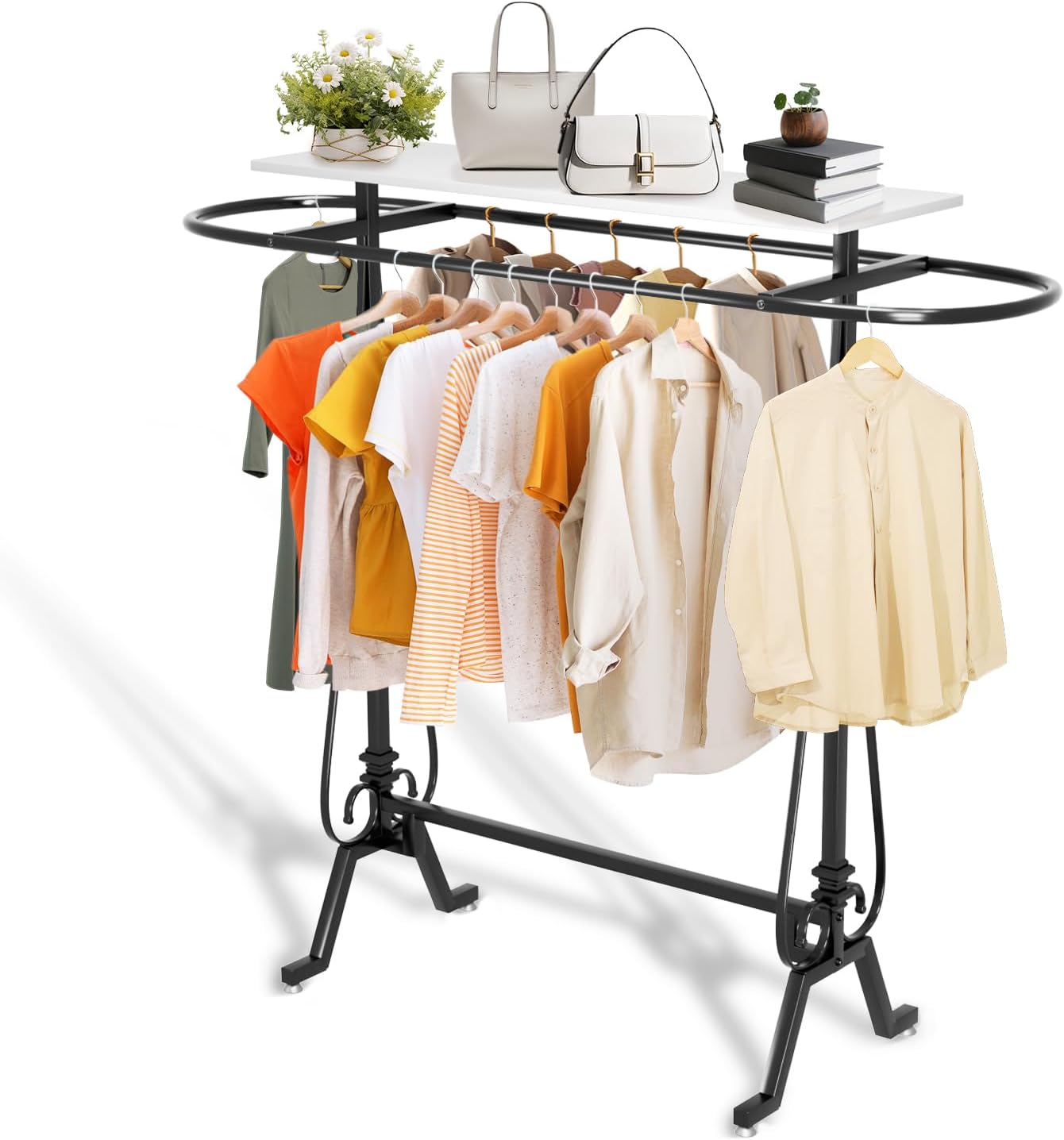 Round Garment Rack, Floor Standing Clothes Retail Display Stand, Oval Iron Clothing Rack with Wooden Topper, Suitable for Boutique Home Commercial Shop (White)