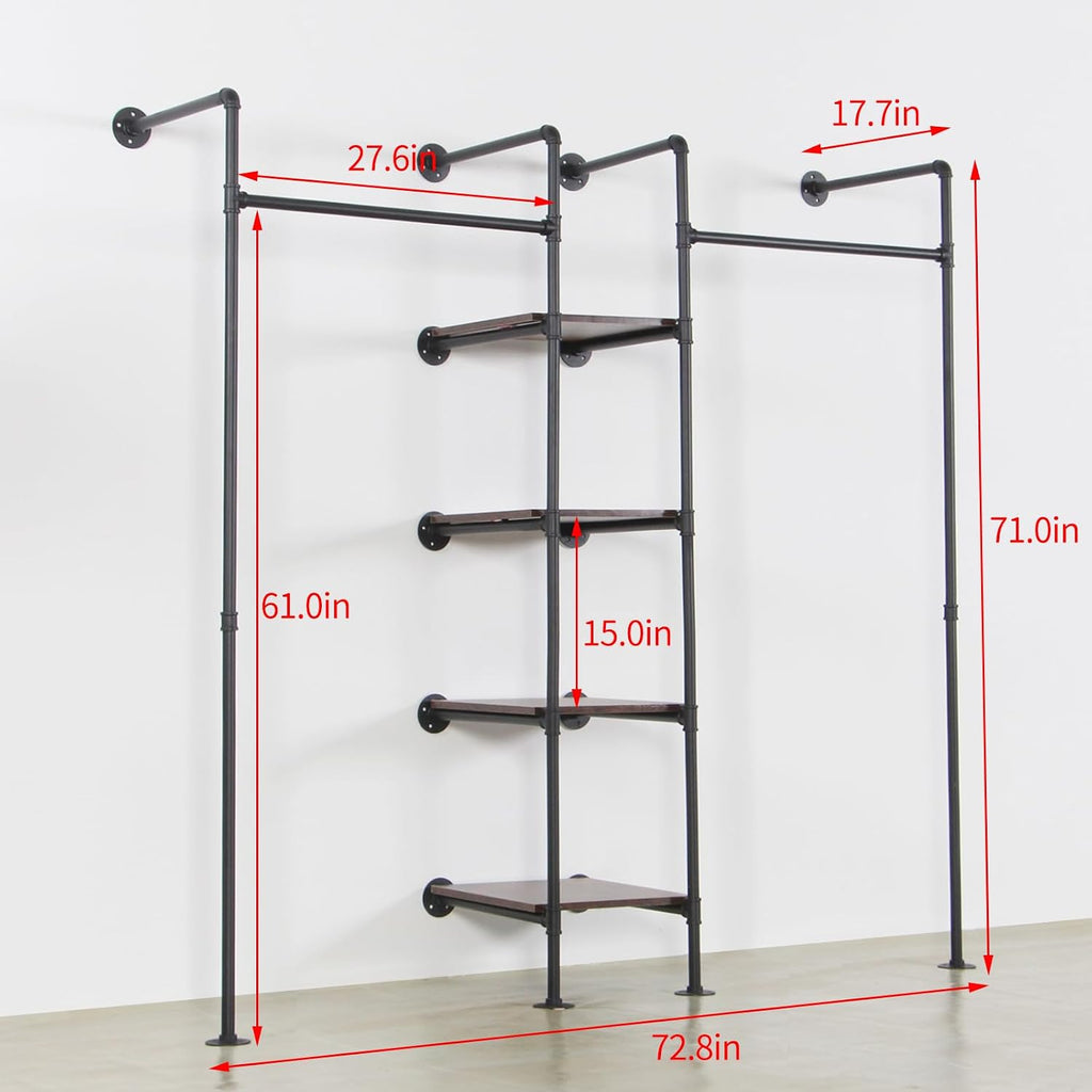 Wall Mounted Industrial Pipe Heavy Duty Clothes Rack, Clothing Rods for Hanging Clothes, Freestanding Clothing Rack with 2 Hang Rods & 4 Shelves, 72.8' W x 17.7' D x 71' H