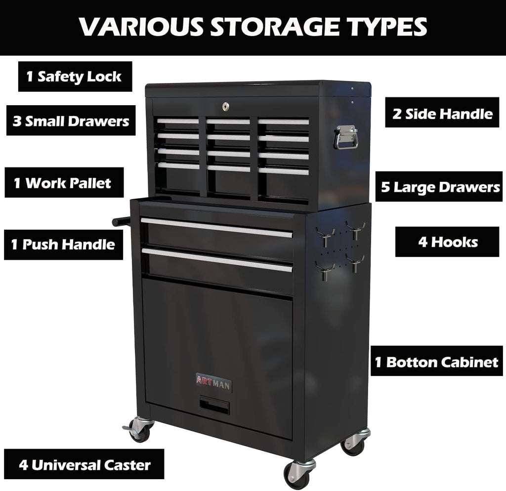 Campfun Rolling Tool Chest with Wheels, 8-Drawer Tool Box Organizer Tool Cabinet, Detachable Large Tool Cabinet with Lock, Mechanic Tool Cart High Capacity Tool Storage Cabinet, Black