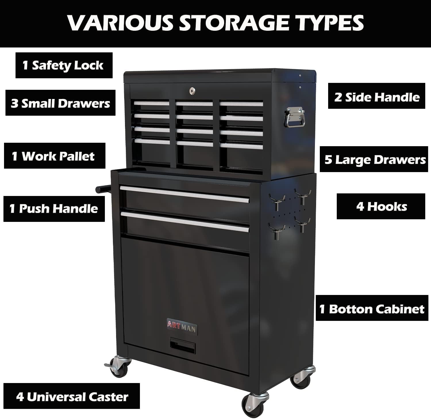 Campfun Rolling Tool Chest with Wheels, 8-Drawer Tool Box Organizer Tool Cabinet, Detachable Large Tool Cabinet with Lock, Mechanic Tool Cart High Capacity Tool Storage Cabinet, Black