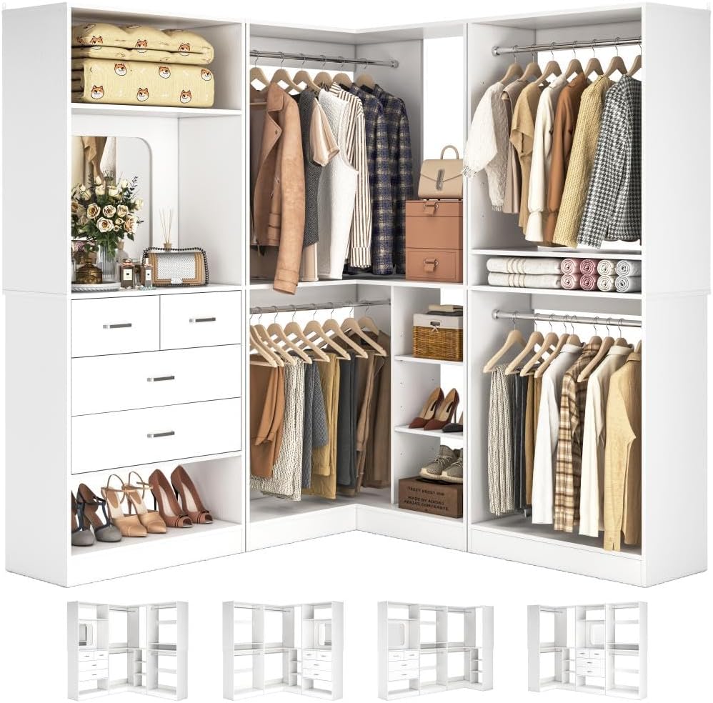 Unikito 86' Closet System, Large Corner Closets Organizer with Hanging Rods and Mirror Design, Freestanding Adjustable Wood Clothes Garment Rack with Drawers, Sturdy Walk in Closet Tower, White