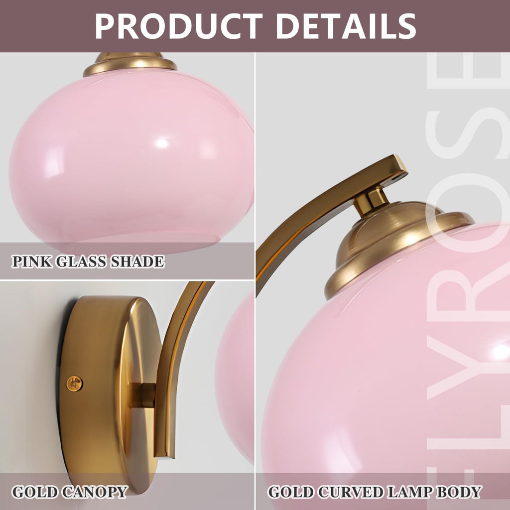 Pink Wall Sconce Light Antique Brass Sconces Set of 2 Mid Century Modern Globe Wall Sconce Lighting Vintage Bedroom Wall Lights Gold Hallway Wall Lighting Fixtures