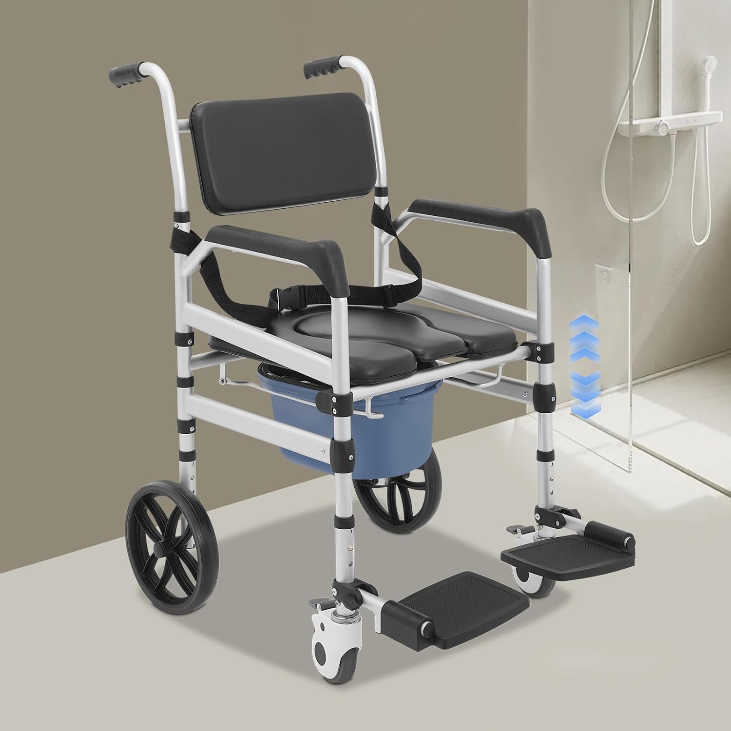 Foldable Shower Chair, Shower Wheelchair with Lockable Wheels Rolling Bedside Commode for Toilet with Height Adjustable & Sponge Padded Seat for Elderly Support 330lbs+Extra Cushion (U-Shape)