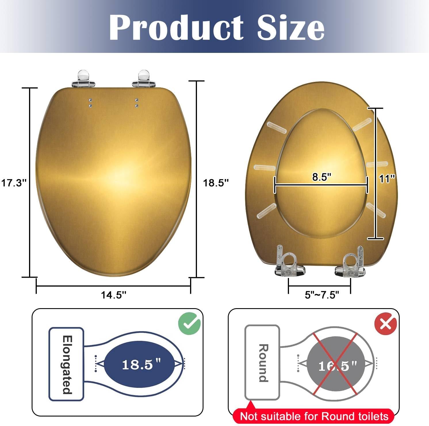 Elongated Toilet Seat Shiny brushed gold color metal Resin Toilet Seat Quietly Slow Close with Quick-Release Hinges Toilet Seat with Cover Easy to Clean Install
