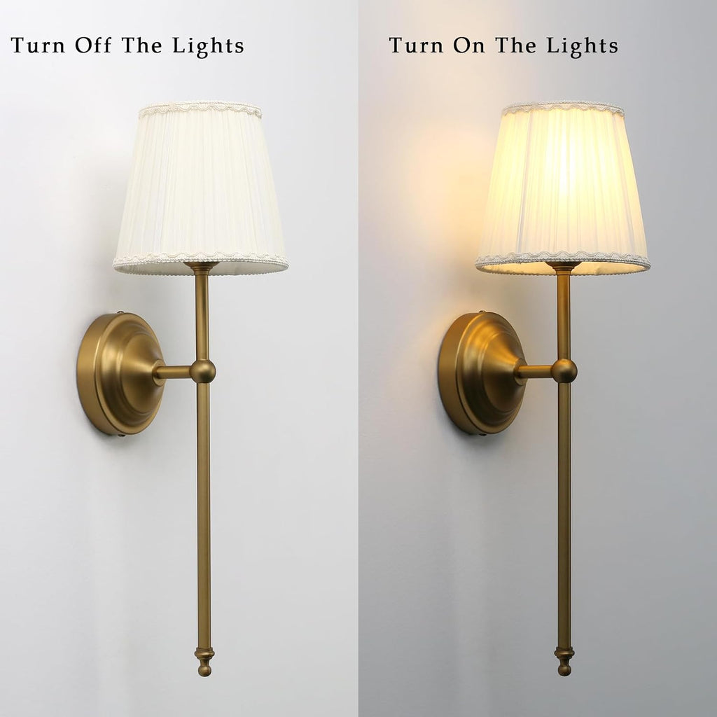 Phansthy Hardwired Brass Boho Wall Sconces Set of 2, Vintage Industrial Wall Lights 2 Pack, Vanity Light Wall Lamps with Lace Gauze Shade for Bedroom Living Room Hallway Decor (Antique + White Shade)